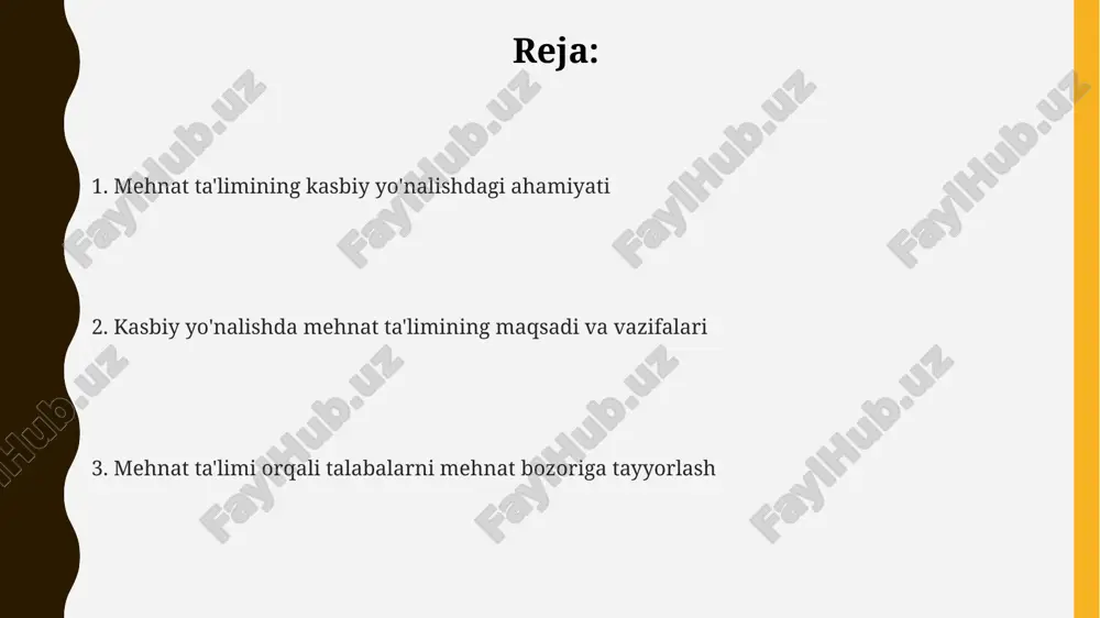 n, muammolarni hal qilish, tanqidiy fikrlash va jamoada ishlash qobiliyatini rivojlantirish orqali kasb tanlashda yordam beradi. mehnat ta'limi dasturlari, xususan 8-9-sinflarda, o'quvchilarga turli xil kasblar bo'yicha amaliy tajriba beradi, bu esa ularga kelajakdagi 10 dan ortiq kasbiy yo'nalishlarini aniqlashga yordam beradi. e'tiboringiz uchun rahmat @taqdimot_robot image1.png
