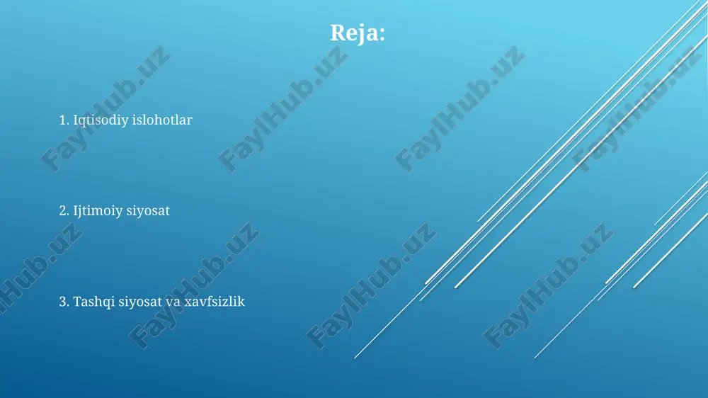 360 gradusli tizimini joriy etish zarur. korruptsiyaga qarshi kurashish doirasida sudyalar va huquqni muhofaza qilish organlari xodimlarining daromadlari va xarajatlari deklaratsiyasini oshkora qilish va elektron monitoring tizimini 100% joriy etish muhim. sud jarayonlarida raqamlashtirishni kengaytirish, elektron hujjat aylanishini va onlayn sud majlislarini 75% ga oshirish, shuningdek, sun'iy intellektga asoslangan yordamchilarni joriy etish lozim. atrof-muhitni muhofaza qilish sanoat korxonalaridan chiqadigan chiqindilarni nazorat qilishni kuchaytirish uchun yangi texnologiyalarni joriy etish va ekologik tozalik standartlarini 15% ga oshirish kerak. atrof-muhitni muhofaza qilish uchun davlat ekologik dasturlarini 10% ga oshirish, qayta tiklanadigan energiya manbalariga 20 milliard so'm investitsiya kiritish muhim. 2030 yilgacha o'zbekistonda yashil maydonlarni 25% ga ko'paytirish, daraxt ekish bo'yicha milliy kampaniyani tashkil etish va unga 5 milliard so'm ajratish zarur. milliy xavfsizlikni mustahkamlash terrorizmga qarshi kurashish doirasida, 30 dan ortiq xalqaro tashkilotlar bilan hamkorlikni kuchaytirish va ekstremistik g‘oyalarga qarshi 15 ta yangi media kampaniyalarini ishga tushirish zarur. milliy xavfsizlikni mustahkamlash uchun chegara …