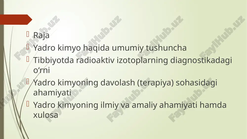 iyotda muhim manba bo‘lib xizmat qiladi. ular yordamida kasalliklarni erta bosqichda aniqlash mumkin. shu bois yadro kimyo bugungi kunda tibbiy texnologiyalar taraqqiyotida asosiy o‘rin tutadi. zamonaviy tibbiyotda radioaktiv izotoplardan kasalliklarni aniqlashda keng foydalaniladi. bu usul radioizotop diagnostika deb ataladi. unda izotoplar bemor tanasiga kiritilib, maxsus asboblar yordamida ularning tarqalishi kuzatiladi. shunday qilib, shifokorlar ichki a’zolarning faoliyatini to‘g‘ridan-to‘g‘ri ko‘rish imkoniga ega bo‘ladi. bu usul aniqlik va tezkorlik jihatidan juda samarali hisoblanadi. ⚕️ tibbiyotda radioaktiv izotoplarning diagnostikadagi o‘rni eng ko‘p qo‘llaniladigan radioaktiv moddalardan biri — yod-131 izotopidir. u qalqonsimon bez kasalliklarini aniqlashda ishlatiladi. yod bez tomonidan oson so‘rilgani uchun uning faolligini kuzatish orqali kasallik holati aniqlanadi. shuningdek, texnetsiy-99m yurak, buyrak, jigar va suyaklarning faoliyatini tekshirishda qo‘llaniladi. bu izotoplar bemorga katta zarar yetkazmaydi va tez parchalanadi. yadro kimyoning davolash (terapiya) sohasidagi ahamiyati yadro kimyo nafaqat kasalliklarni aniqlashda, balki ularni davolashda ham keng qo‘llaniladi. radioterapiya deb ataluvchi usulda radioaktiv nurlar yordamida saraton hujayralari yo‘q …