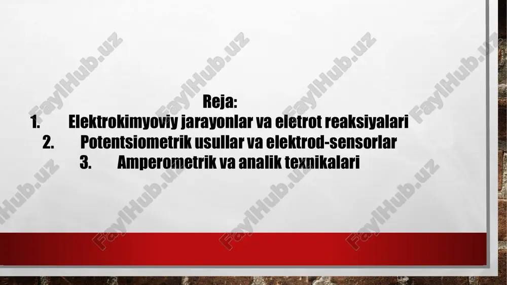 ning buzilish darajasi baholanadi. d) bioelektrik impedans tahlili (bia) bu usul organizmdan o‘tuvchi past kuchli tok yordamida tana tarkibini (yog‘, mushak, suv miqdorini) aniqlaydi. bu diagnostika sport tibbiyoti va dietologiyada keng ishlatiladi. ⸻ 3. elektrokimyoviy davolash usullari elektrokimyoviy davolash — bu inson organizmiga nazorat ostida elektr yoki ion oqimi orqali terapevtik ta’sir ko‘rsatishdir. bu usullar asosan fizioterapiya, jarrohlik va dermatologiyada qo‘llaniladi. a) elektroforez bu usulda dori moddalar elektr tok yordamida teri yoki shilliq qavat orqali organizmga kiritiladi. masalan, kalsiy, novokain, yod, magniy kabi dorilar elektroforez orqali to‘g‘ridan-to‘g‘ri zarur joyga yetkaziladi. afzalliklari: • dori to‘g‘ridan-to‘g‘ri ta’sir joyiga boradi; • yon ta’sirlar kamayadi; • davolash ta’siri uzoq davom etadi. b) galvanizatsiya bu davolash usulida past kuchli doimiy elektr toki ishlatiladi. u qon aylanishini yaxshilaydi, asab tizimini tinchlantiradi, yallig‘lanishni kamaytiradi. galvanizatsiya ko‘pincha nevroz, miya qon aylanishi buzilishi va mushak og‘riqlarida qo‘llaniladi. c) elektrostimulyatsiya bu usulda maxsus impulsli toklar yordamida mushak yoki asab faoliyati …