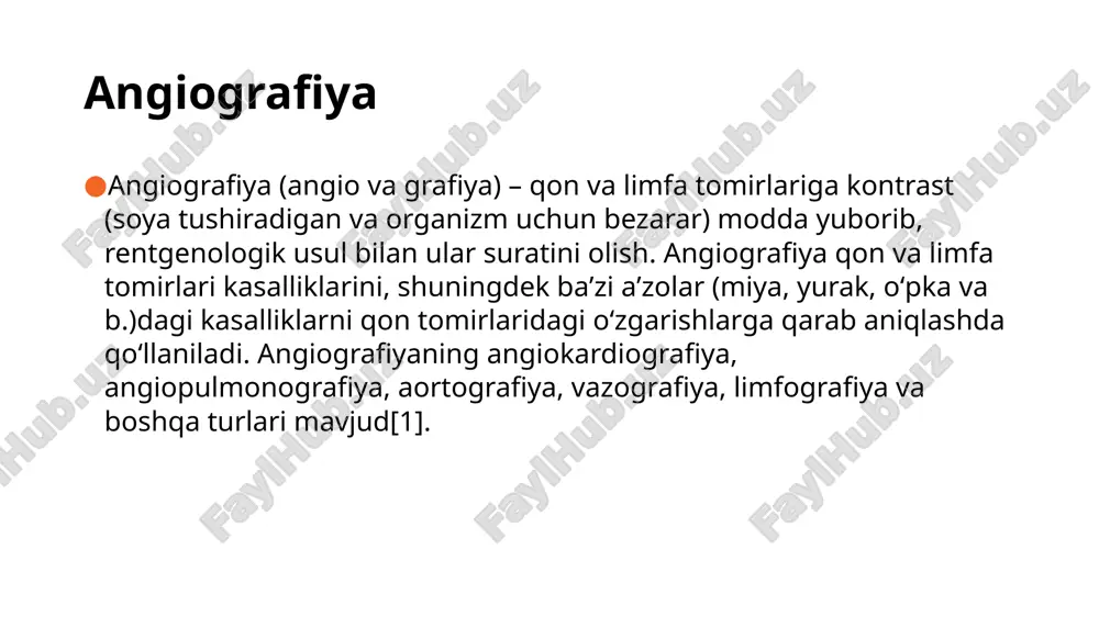 gi vaqtinchalik radiokontrast taqsimotining rentgen tasvirlari arteriya teshiklarining oʻlchamini koʻrishga imkon beradi. arteriyalarning devorlarida ateroskleroz yoki atzeroma mavjudligi yoki yoʻqligi aniq belgilanishi mumkin emas. odatda kateter katakka kiritiladi va protsedura boshlanishidan oldin bu joy tozalanadi va sochiladi. shu bilan birga, har bir bemorga qarab, uni qoʻlga qoʻyish mumkin. bemor rentgen stoliga yotadi va unga lokal behushlik beriladi. toʻgʻri tasvirlarni olish uchun, bemorni harakatsiz ushlab turish uchun kamar ishlatilishi mumkin. keyin kateter chanoqqa yoki qoʻlga kiritiladi va qon tomirlari orqali boshqariladi. miya angiografiyasitahrir miya angiografiyasi anomalliklarni, shu jumladan arteriovenoz malformatsiyalar va anevrizmalarni aniqlash uchun miya ichidagi va uning atrofidagi qon tomirlarining tasvirini beradi.[6] miya angiografiyasining keng tarqalgan usullaridan biri bu neyro-tomir raqamli olib tashlash angiografiyasi.[7][8] periferik angiografiyatahrir angiografiya, shuningdek, oyoq va oyoqlarda qon oqimining kamayishi natijasida paydo boʻlgan oyoq kramplari yoki kramplari boʻlgan bemorlarda toraygan tomirlarni aniqlash uchun ham amalga oshiriladi; buyrak stenozi boʻlgan bemorlarda (odatda yuqori qon bosimiga olib keladi) …