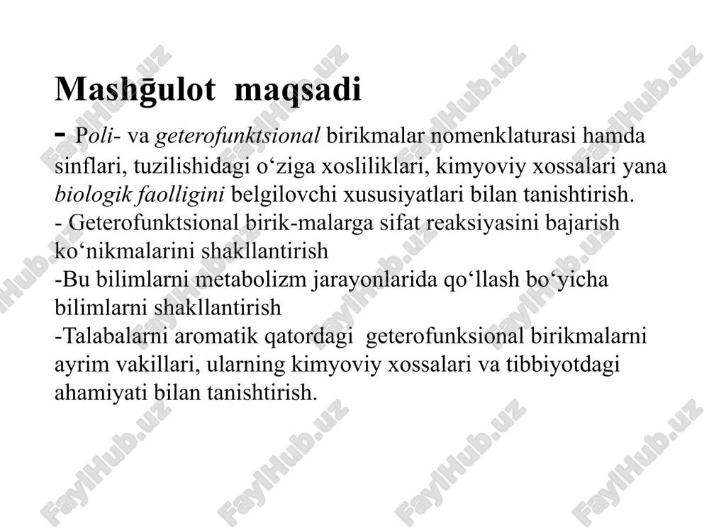uruxlar tutgan organik birikmalar polifunksional birikmalar deyiladi. ular qatoriga kiradi: ko‘p atomli spirtlar diaminlar dikarbonil birikmalar di va polikarbon kislotalar geterofunksional birikmalarning umumiy ta’rifi va turlanishi tarkibida bir nechta har xil funksional guruxlar tutgan organik birikmalar geterofunksional birikmalar deyiladi. ular qatoriga kiradi: aminospirtlar aminokislotalar gidroksikislotalar ketokislotalar ko‘p atomli spirtlar va fenollar xalqali ko‘p atomli spirtlar mezoinozitning geksafosfatining kalsiyli yoki kalsiy-magniyli tuzi fitin deyiladi va qon xosil bo‘lishida ishtirok etadi va asab sistemasini faoliyatini yaxshilaydi poliaminlar dikarbonil birikmalar va polikarbon kislotalar oksalat kislota qahrabo kislota (suktsinat) glutar kislota (glutarat) malon kislota (malonat) aromatik va to’yinmagan polikarbon kislotalar tereftal kislota ftal kislota malein kislota fumar kislota polifunksional birikmalarning reaksion qobiliyati polifunksional birikmalar bir tarafdan o‘zining funksional guruxiga hos monofunksional analoglariga o‘xshash reaksiyalarga va ikkinchi tarafdan guruxlarning o‘zaro ta’siri bo‘yicha – spetsifik reaksiyalarga kirishishadi. birinchi turdagi reaksiyalari – bu spirtlarga, aminlarga sn, karbonil birikmalarga an, karbon kislotalarga sn, to‘yinmagan guruxi bo‘lsa birikish reaksiyalaridir. …