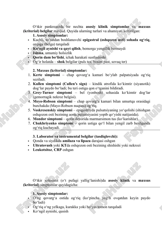 dikulyar infiltrat, appendikulyar abssess, peritonit, pileflebit va boshqalar. o‘tkir pankreatitda bir nechta asosiy klinik simptomlar va maxsus (kriterial) belgilar mavjud. quyida ularning turlari va ahamiyati keltirilgan: 1. asosiy simptomlar: · kuchli, to‘satdan boshlanuvchi epigastral (oshqozon usti) sohada og‘riq, orqaga (belga) tarqaladi · ko‘ngil aynishi va qayt qilish, bemorga yengillik bermaydi · isitma, umumiy holsizlik · qorin dam bo‘lishi, ichak harakati sustlashishi · og‘ir holatda – shok belgilar (puls tez, bosim past, sovuq ter) 2. maxsus (kriterial) simptomlar: 1. kerte simptomi – chap qovurg‘a kamari bo‘ylab palpatsiyada og‘riq seziladi. 2. kullen simptomi (cullen’s sign) – kindik atrofida ko‘kimtir (siyanotik) dog‘lar paydo bo‘ladi; bu teri ostiga qon o‘tganini bildiradi. 3. grey-turner simptomi – bel (yonbosh) sohasida ko‘kimtir dog‘lar (gemorragik nekroz belgisi). 4. meyo-robson simptomi – chap qovurg‘a kamari bilan umurtqa orasidagi burchakda (mayo-robson nuqtasi) og‘riq. 5. voskresenskiy simptomi – epigastriyda pulsatsiyaning yo‘qolishi (shishgan oshqozon osti bezining aorta pulsatsiyasini yopib qo‘yishi natijasida). 6. …