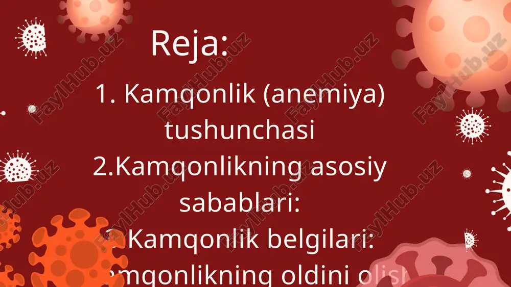 al darajasi turlicha bo’lishi mumkin. rang ko’rsatkichi bo’yicha rang ko’rsatkichi (rk) eritrositning gemoglobin bilan to’yinganligini ko’rsatadi. odatda, erkaklar va ayollar uchun uning me’yoriy ko’rsatkichi 0,86-1,1 ga tengdir. ko’rsatkichga qarab, quyidagilar ajratiladi: gipoxrom gipoxrom — rk <0,86 (ba’zi manbalarga ko’ra 0,8 dan past): temir tanqisligi anemiyasi; talassemiya. giperxrom giperxrom — rk 1.1: vitamin b12 yetishmasligi; foliy kislotasi yetishmasligi; mielodisplastik sindrom. normoxrom normoxrom — rk 0,86-1,1 gemolitik anemiya (qizil qon tanachalari nobud bo’lish darajasi ularning ishlab chiqarish tezligidan oshib ketganda); gemorragik (qon ketish oqibatida); suyak iligining neoplastik kasalliklari; aplastik anemiya; suyak iligidan tashqari onkologiyalar; eritropoetin ishlab chiqarishning kamayishi oqibatida rivojlangan kamqonlik. og’irlik darajasi bo’yicha gemoglobin miqdorining pasayish darajasiga qarab, anemiyaning uch turi farqlanadi: yengil — gemoglobin darajasi normadan past, biroq 90 g/l dan yuqori; o’rtacha — gemoglobin darajasi 90-70 g/l oralig’ida; og’ir — gemoglobin darajasi 70 g/l dan kamroq. suyak iligining regenerativ qobiliyati bo’yicha bunday regeneratsiyaning asosiy belgisi periferik qonda retikulositlar (yosh …