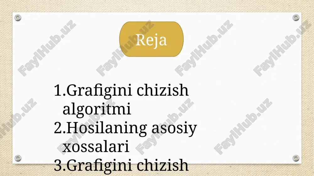 hda amalga oshiriladi. grafigini chizish algoritmi funksiyaning xossalarini aniqlash va vizual tarzda tasvirlashni osonlashtiradi. algoritmning birinchi bosqichi funksiya ifodasini aniqlash va uning domenini belgilashdan iborat. bu bosqichda foydalanuvchi grafigi qaysi oraliqda chizilishini oldindan belgilaydi va funksiyaning aniqlanish sharoitlarini tahlil qiladi. ikkinchi bosqichda funksiya hosilasi hisoblanadi. birinchi tartibli hosila f′(x) funksiya o‘sish va kamayish intervallarini aniqlash uchun ishlatiladi. hosilani hisoblab chiqqach, foydalanuvchi f′(x)=0 sharti bilan ekstremum nuqtalarni topadi. shu nuqtalarda funksiya grafigining teginish chizig‘i va maksimal yoki minimal qiymatlari aniqlanadi. ikkinchi tartibli hosila f′′(x) esa grafigi egiluvchanligini tahlil qilish va infleksiya nuqtalarini aniqlashda qo‘llaniladi. bu bosqichda foydalanuvchi grafigi konkav va konveks bo‘lgan intervallarini ajratadi. uchinchi bosqich grafigini asosiy nuqtalarni belgilashdan iborat. bu nuqtalar o‘sish va kamayish intervallari, ekstremum va infleksiya nuqtalari, shuningdek, kerak bo‘lsa, xonadagi nol nuqtalar va kesishgan chiziqlar bo‘lishi mumkin. ushbu nuqtalar grafigini aniqlik bilan chizish uchun asos sifatida xizmat qiladi. keyingi bosqichda foydalanuvchi grafigini silliq chiziqlar yordamida chizadi …