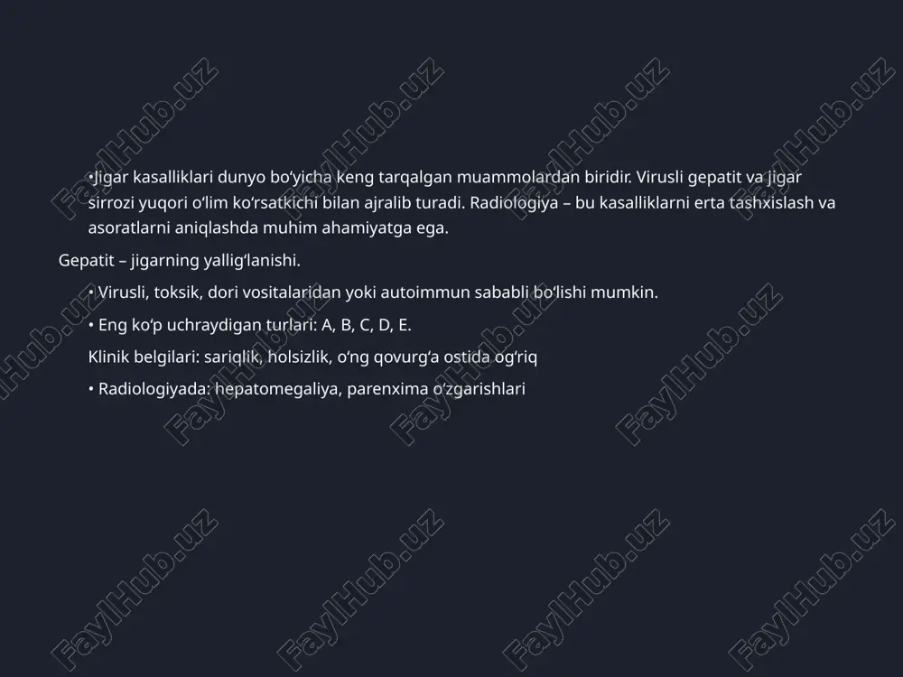 tabolik kasalliklar • klinik belgilari: sariqlik, astsit, kuchsizlanish qorin shishishi, qizil palma, varikoz tomirlar sirrozning radiologik belgilari jigar konturining notekisligi jigar segmentlarida atrofiyaga xos o‘zgarishlar qorin bo‘shlig‘ida assit (suyuqlik to‘planishi) portal gipertenziya (vena porta kengayishi, taloq kattalashishi) kollateral qon tomirlar (splenorenal, gastrik varikozlar) sirrozda jigar ko‘rinishi (uzi) • yuzasi notekis. • echogenlik nogomogen oshgan-fibroz,yogli distrofiya,regeneratsiya tugunlari • portal gipertenziya belgilari aniqlanishi mumkin. sirrozda jigar ko‘rinishi (kt/mrt) • jigar hajmining kichrayishi,chap va kvadrat bolaklari kata • splenomegaliya (taloq kattalashishi). • nodulyar tuzilma. portal gipertenziya • qizilo‘ngach va me’da varikoz tomirlari. portal venada qon sekinlashishi va orqaga qaytishi • qorin bo‘shlig‘ida suyuqlik (astsit). • taloq kattalashishi. asoratlari • portal gipertenziya. • qon ketish. • gepatotsellyulyar karsinoma (jigar raki). • jigar yetishmovchiligi. davolash va profilaktika • antiviral dori vositalari. • zararlovchi omillarni cheklash (alkogol, dori vositalari). • gepatit b va a vaksinalari. • transplantatsiya (og‘ir sirrozda). radiologiyaning o‘rni • uzi-birlamchi ,anatomiya va parenxima …