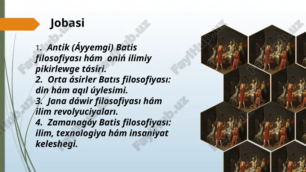 lken túrtki boldı. aristotel bolsa tájiriybe hám baqlawga tiykarlangan ilimiy biliw metodin islep shiqti. ol logikanı óz aldına pán sıpatında qáliplestirdi hám sebep-nátiyje qatnasın túsindiriwshi sistema jarattı. aristoteldiń "tórt sebep" teoriyası keyinirek tábiyiy pánler metodologiyasına tiykar boldı. pifagor matematikalıq nizamlılıqlardı filosofiyalıq pikirlew menen baylanıstırıp, "hámme nárse sanlardan ibarat" degen belgili ideyanı alģa súrgen. onıń kózqarasları keyin ala matematika, muzika teoriyası hám fizika pánlerine tereń tásir kórsetti. demokrit bolsa "atomlar" haqqındaǵı táliymatın islep shiģip, materiallıq álemdi eń kishi bólekshelerge bólip úyreniw ideyasın alģa súrgen. bul pikirler keyin ala atomistlik teoriyanıń, yagniy zamanagóy fizikanıń payda boliwi ushin tiykar jarattı. aristotel bolsa ilim tariyxındaǵı eń ullı shaxs sipatında ilimiy metodtı jetilistirgen. ol "hár bir ilim sebeplerdi úyrenedi" degen principti alǵa qoyıp, ilimiy izleniwlerde sistemalı pikirlewdi tiykar sıpatında belgilegen. ol jaratqan logikalıq analiz usılı keyin ala evropa ilimiy mekteplerinde ásirler dawamında tiykargı metod bolip xizmet etti. orta ásirler batıs filosofiyası - din hám aqıl …