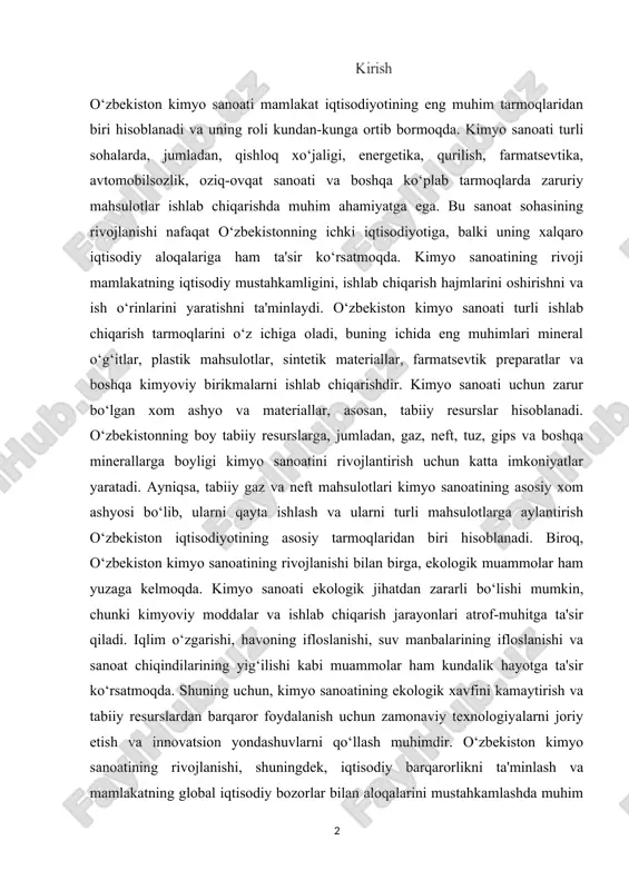 ekiston kimyo sanoatining rivojlanishi bilan birga, ekologik muammolar ham yuzaga kelmoqda. kimyo sanoati ekologik jihatdan zararli bo‘lishi mumkin, chunki kimyoviy moddalar va ishlab chiqarish jarayonlari atrof-muhitga ta'sir qiladi. iqlim o‘zgarishi, havoning ifloslanishi, suv manbalarining ifloslanishi va sanoat chiqindilarining yig‘ilishi kabi muammolar ham kundalik hayotga ta'sir ko‘rsatmoqda. shuning uchun, kimyo sanoatining ekologik xavfini kamaytirish va tabiiy resurslardan barqaror foydalanish uchun zamonaviy texnologiyalarni joriy etish va innovatsion yondashuvlarni qo‘llash muhimdir. o‘zbekiston kimyo sanoatining rivojlanishi, shuningdek, iqtisodiy barqarorlikni ta'minlash va mamlakatning global iqtisodiy bozorlar bilan aloqalarini mustahkamlashda muhim rol o‘ynaydi. o‘zbekistonning kimyo sanoati xalqaro bozorlar uchun mahsulotlar ishlab chiqarish va eksport qilish imkoniyatlarini kengaytirish, shu bilan birga, ichki bozorning talabini qondirishga ham xizmat qiladi. bu soha, shuningdek, mamlakatning sanoat va texnologik rivojlanishiga hissa qo‘shish bilan birga, aholining ijtimoiy hayotini yaxshilashga ham ta'sir qiladi. shu bilan birga, o‘zbekiston kimyo sanoatining innovatsion rivojlanishiga alohida e'tibor qaratish zarur. yangi texnologiyalar va ilm-fan yutuqlarini ishlab chiqish, sanoatning …