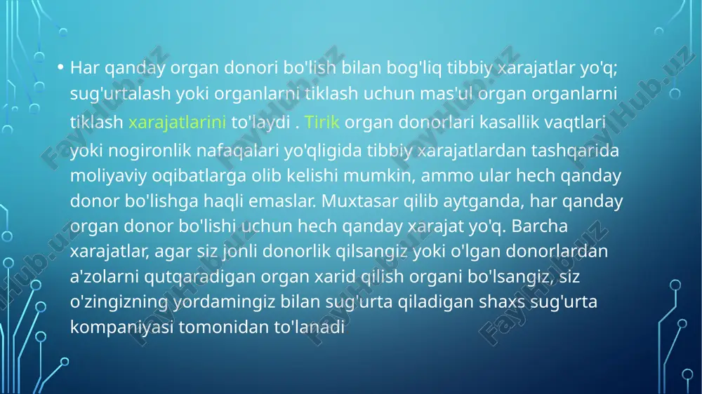 shmovchiliklarini e’lon qilishganligi to’g’risidagi xabar berilsa ,jasaddan organ va to’qimalarni olib tashlashga yo’l qo’yilmaydi. o’lim vaqtini aniqlash, agar shifokorlar kengashi tomonidanqayd etilgan o’lim faktining shubhasiz dalillari bo’lsa, transplantatsiya uchun murdani organlar va to’qimalrini olib tashlash mumkin. o’lim haqodagi xulosa butun miyyaning qaytarib bolmaydigano’limi (miya o’limi ) bayonoti asosida beriladi. jasaddan organlarni va to’qimalarni olib tashlashga ruxsat berish. organlarni va to’qimalarni murdadan olib tashlash ushbu qonun talablari hisobga olingan holda sog’liqni saqlash muassasasining bosh vrachi ruxsati bilan amalga oshiriladi. sud-tibbiy ekspirtiza zarur bo’lgan taqdirda jasaddan organlar va to’qimalarni olib tashlash uchun ruxsad ham sud-tibbiyot ekspertizasi tomonidan prakurorga xabarnoma bilan berilishi kerak. ushbu tamoyil odandagi kolleksiyadan farq qiladi, chunki o’limdan keyin organlarni yig’ish uchun maxsus ruxsat so’ralmasa ham, bunday to’plamga rozilik beriladi, yani bunday6 monipulyatsiyadan bosh tortmaslik ko’rsatilgan.transplantatsiya to’g’risidagi amaldagi qonunda , o’limdan keyin ham shaxsning o’zi , ham oldindan, uning qarindoshlari ham ham rad etish huquqi berilgan. qonunga ko‘ra, inson a’zolarini …
