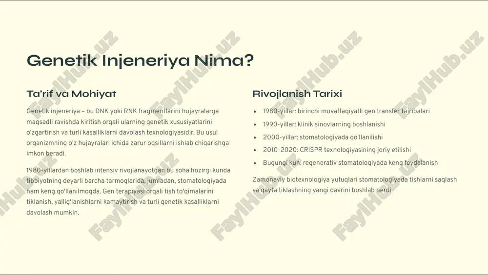 lar va o'sish faktorlarini boshqaradi. suyak o'sish faktorlarini faollashtirish periodontal ligamentni mustahkamlash implant integratsiyasini yaxshilash og'riq va yallig'lanish nazorati yallig'lanishni bostiruvchi va og'riqni kamaytiradigan genlarni kiritish orqali davolash jarayonini osonlashtirish va bemor qulayligini oshirish. yallig'lanish mediat>rlarini blokirovka qilish og'riq resept>rlarini boshqarish tezkor tiklanishni ta'minlash bu yo'nalishlarning har biri stomatologiyada bemorlar uchun yanada samarali va kam invaziv davolash usullarini taqdim etadi. tish to'qimalarining regeneratsiya jarayoni zamonaviy mikroskopiya texnologiyalari yordamida tish to'qimalarining hujayra darajasidagi tiklanish jarayonini kuzatish mumkin. emal va dentin hujayralari genetik stimulyatsiya ta'sirida faollashadi va yangi to'qimalarni hosil qilishga kirishadi. ameloblastlar emal hosil qiluvchi hujayral4r, genetik kodlashtirilgan oqsillar yordamida faollashtiriladi. odontoblastlar dentin ishlab chiqaruvchi hujayral4r, reparativ dentin sintezini boshqaradi. pulpa hujayralari tishning ichki to'qimalarini tiklovchi stem hujayral4r populyatsiyasi. tish emalini qayta tiklash: ilg'or tadqiqotlar emal regeneratsiyasining muammosi tish emali organizmdagi eng qattiq to'qima bo'lib, u 96% mineral moddalardan iborat. afsuski, emal tabiiy ravishda tiklanmaydi, chunki uni hosil qiluvchi ameloblast hujayralari …