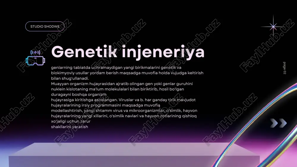 i klonlash) imkoniyati vujudga keddi. nihoyat, genetik injeneriya bilan hujayra injeneriyasi yutuqlarining sintezi tufayli biotexnologiya fani shakllandi.gen biotexnologiya (bio... va yun. techne - mahorat, san'at, logos - so'z, ta'limot) - qishloq xo'jaligi, sanoat va tibbiyotning turli sohalarida tirik organizm va biologik jarayonlardan foydalanadigan sanoat usullari majmui. biologiya va texnika imkoniyatlarini birlashtiradigan ilmiy yo'nalish. biotexnologiya terminining vujudga kelishiga stenford universiteti (aqsh; 1973) bir guruh olimlarining har xil xossaga ega irsiy molekulalarini biriktirib rekombinant dnk (istalgan organizmdan ajratilgan dnkning ikki yoki undan ortiq gismlarini in vitro sharoitida birikishidan vujudga kelgan hosila) olishi sabab bo'ldi. studio shodwe page 06 stomatologiyada genetik injeneriya studio shodwe page 07 gen muhandisligi tish salomatligi uchun mas'ul bo'lgan genetik ketma-ketliklarni batafsil tahlil qilishni o'z ichiga oladi. muayyan genlarning kashf etilishi tish kariesi yoki periodontit kabi keng tarqalgan kasalliklarning oldini olishga qaratilgan davolash usullarini ishlab chiqishga imkon beradi. page 08 genlarning organlarning shakllanishi va keyingi normal faoliyatiga ta'siri, shuningdek, …