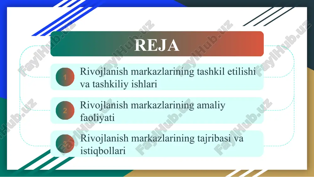 nadi. masalan, loyihachi yangi dasturlarni ishlab chiqadi, mutaxassislar esa tahlil va maslahatlar beradi. kadrlar bo‘limi xodimlarning malakasini oshirish va ish samaradorligini nazorat qiladi. moliyaviy xodimlar budjetni boshqaradi va mablag‘larni oqilona taqsimlaydi. rahbarlar xodimlarni boshqaradi, ish jarayonini kuzatadi va muammolarni hal qiladi.xodimlar o‘zaro hamkorlikda ishlashni bilishi zarur, bu markaz faoliyatining samaradorligini oshiradi. har bir xodim markazning maqsad va vazifalarini to‘liq tushunishi kerak. shuningdek, ular yangi texnologiyalar va usullar bilan tanish bo‘lishi lozim. xodimlarning motivatsiyasi va malakasi markazning rivojlanish darajasiga bevosita ta’sir qiladi. rivojlanish markazlarining amaliy faoliyati 1.rivojlanish markazlari o‘z hududidagi yoki sohadagi rivojlanishni qo‘llab-quvvatlashga yo‘naltirilgan xizmatlar va loyihalarni amalga oshiradi. 3.yangi biznes loyihalari va ijtimoiy dasturlar ishlab chiqiladi. shuningdek, hududiy tadbirkorlik va innovatsiyalarni rivojlantirishga yo‘naltirilgan dasturlar mavjud. 4.markazlar aholiga, tashkilotlarga va korxonalarga maslahat xizmatlarini taklif qiladi. 2.bu markazlarda ta’lim, ilmiy-tadqiqot, maslahat berish va amaliy treninglar tashkil etiladi. 5.loyihalar rejalashtirilgan muddatlarda amalga oshiriladi va natijalari baholanadi. xizmatlar va loyihalar hududning ijtimoiy-iqtisodiy ehtiyojlariga …