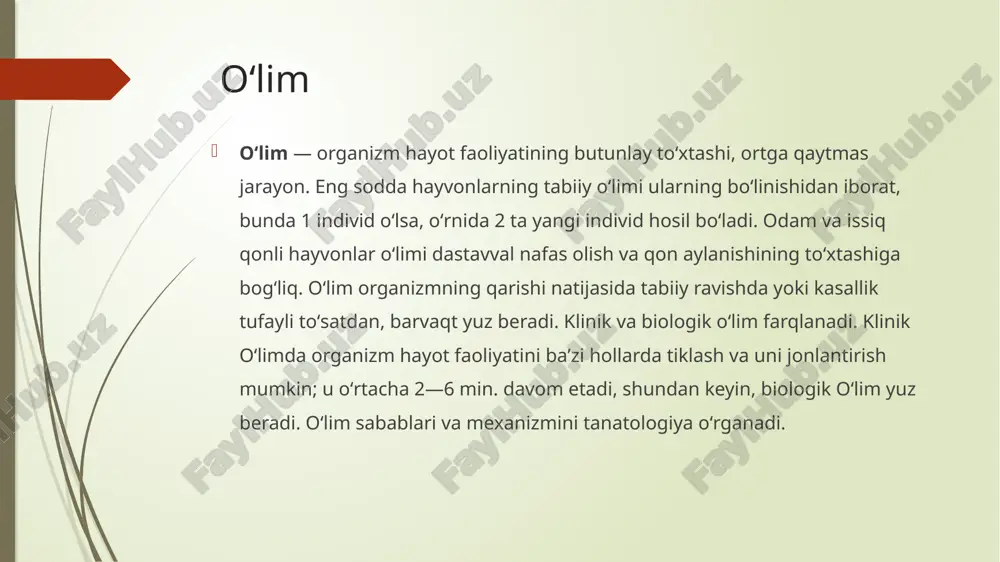 'lgan chegara shaklidir. klinik o'lim nafas olish va yurak urishni to'xtatish paytidan boshlanadi. inson endi nafas ololmaydi va uning yuragi urmaydi, lekin patologik jarayonlar hali qaytarib bo'lmaydi. hali ham metabolik jarayonlarni boshdan o'tkazishga vaqt topa olmagan va yo'qotishsiz tiklanish mumkin. agar 5-6 daqiqadan so'ng hayotiy vazifalarni tiklash mumkin bo'lsa, u holda inson orzusidan uyg'onadi. ammo klinik o'lim hollarida yordamisiz qoldirib, organizm bakteriyalar rivojlanishi uchun ochiq ekotizimga aylanganda haqiqiy yoki biologik o'limga olib keladi. miya o'limining belgilari miyaning o'limini aniqlaydigan mezonlar etarlicha o'rganilgan bo'lsa-da, bu haqiqatni aniqlashdan keyin, inson intensiv terapiya bo'limida kamida 24 soat davomida kuzatuv ostida qoladi. shu bilan birga , o'pkada sun'iy shamollash davom etadi va yurak faoliyatiga xizmat qiladi. miyaning o'limidan so'ng normal hayotga qaytishi hodisalari noma'lum, ammo hayotni saqlab qolish uchun asbobdan uzib qo'yish qarori juda mas'uliyatli va shoshilinch qabul qilinishi mumkin emas. jahon miqyosida miya o'limi uchun quyidagi mezonlar qabul qilindi: ong va mustaqil harakatlarning …