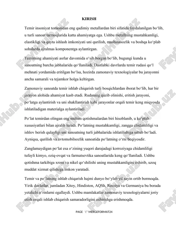 ning ahamiyati asrlar davomida o‘sib borgan bo‘lib, bugungi kunda u sanoatning barcha jabhalarida qo‘llaniladi. dastlabki davrlarda temir rudasi qo‘l mehnati yordamida eritilgan bo‘lsa, hozirda zamonaviy texnologiyalar bu jarayonni ancha samarali va tejamkor holga keltirgan. zamonaviy sanoatda temir ishlab chiqarish turli bosqichlardan iborat bo‘lib, har bir jarayon alohida ahamiyat kasb etadi. rudaning qazib olinishi, eritish jarayoni, po‘latga aylantirish va uni shakllantirish kabi jarayonlar orqali temir keng miqyosda ishlatiladigan materialga aylantiriladi. po‘lat temirdan olingan eng muhim qotishmalardan biri hisoblanib, u ko‘plab xususiyatlari bilan ajralib turadi. po‘latning mustahkamligi, zangga chidamliligi va ishlov berish qulayligi uni sanoatning turli jabhalarida ishlatilishiga sabab bo‘ladi. ayniqsa, qurilish va avtomobilsozlik sanoatida po‘latning o‘rni beqiyosdir. zanglamaydigan po‘lat esa o‘zining yuqori darajadagi korroziyaga chidamliligi tufayli kimyo, oziq-ovqat va farmatsevtika sanoatlarida keng qo‘llaniladi. ushbu qotishma tarkibiga xrom va nikel qo‘shilishi uning mustahkamligini oshirib, uzoq muddat xizmat qilishiga imkon yaratadi. temir va po‘latning ishlab chiqarish hajmi dunyo bo‘ylab yil sayin ortib bormoqda. …