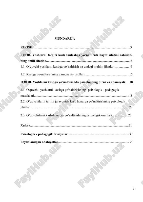 ixologlarning asosiy vazifalaridan biridir. psixologning kasb-hunar yo'naltirishdagi roli, o'quvchilarning o'zini anglashiga, ichki qiziqish va istaklarini aniqlashiga yordam berishda juda muhim ahamiyatga ega. psixologik maslahatlar va yordam orqali o‘quvchilar o‘zlarini ko‘proq tushunib, kelajakdagi faoliyatlariga muvaffaqiyatli yo‘naltirilishlari mumkin. psixologlar, o‘quvchilarning shaxsiy va intelektual xususiyatlarini, ular uchun mos keladigan kasblarni aniqlashga yordam berishda, shuningdek, kasb tanlash jarayonidagi hissiy va ijtimoiy omillarni ham hisobga olishadi. mazkur kurs ishi o‘quvchilarni kasb-hunarga yo‘naltirish jarayonida psixologning vazifalarini tahlil qilish, shu bilan birga, kasb tanlashdagi psixologik yondashuvlar va metodlarni o‘rganish maqsadida yozilgan. mavzuning dolzarbligi. hozirda ijtimoiy-iqtisodiy, madaniy, va ayniqsa, siyosiy sohalarda kuzatilayotgan keskin o'zgarishlar va iqtisodiy sohadagi beqarorlik insonlarning dunyoqarashi, xulq-atvori, turmush tarzi va ularning kasbiy faoliyatiga ham salbiy ta'sir etayotganligini ham aytib o'tish joiz. yoshlar o'rtasida jamoatchilikda o'ziga nisbatan keraksiz inson sifatida qarab o'z joniga qasd qilishlar bo'yicha ayni vaqtda etarlicha ilmiy asoslarga suyangan holda ilmiy tadqiqot ishlarni joylarda o'rganishni taqozo etmoqda. ayniqsa, yoshlar o'rtasida o'z joniga …