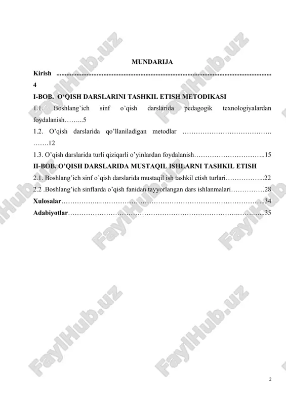 azifalari: bu kurs ishining asosiy vazifalari quyidagilar o'qituvchilarni noan'anaviy o'qitish usullari bilan tanishtirish va ularni o'rganishda o'zlashtirish. o'quvchilarga noan'anaviy o'qitish usullari yordamida ma'lumotlarni o'rganishni mustaqil ravishda o'rgatish. o'quvchilarni faol qatnashish va o'rganishga qiziqtirish uchun noan'anaviy darslar tashkil etish. qo'shimcha vositalar, o'yinlar va interaktiv darsliklar orqali o'quvchilarni motivatsiyalash. o'quvchilarni savol-javob usuli bilan ilg'orlash va fikr bildirishga rag'batlantirish. o'quvchilarning o'rganish jarayonlari va ta'lim muhitiga oid fikrlarini e'tirof etish va ularni qollab-quvvatlash. kurs ishinging predmeti: bu kurs ishining predmeti, ona tili darslarini noan'anaviy usullar bilan o'qitish va o'rganishda boshqa turdagi darslar bilan solishtirish va ularni o'zlashtirishni maqsad qiladi. kurs ishi, ona tili darslarini yanada sodda, qiziqarli va samarali qilish, o'quvchilarni noan'anaviy usullar orqali o'rganishga qiziqtirish va ilg'orlash, shuningdek, o'qituvchilarni yangi texnologiyalardan foydalanish va o'rganish usullarini qo'llab-quvvatlashda tayyorlashni maqsad qiladi. kurs ishining obekti: ona tili darslarida noan’anaviy usullardan foydalanish 2 kirish. kirish qismi: o‘qish darslari boshlang‘ich sinflarda o‘quvchilarning tilshunoslik va mantiqiy fikrlash ko‘nikmalarini rivojlantirishda …