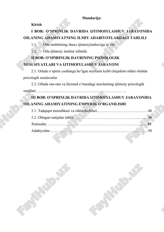 dek, ijtimoiy rol va munosabatlarni o‘rganishi jadallashadi. bunday muhim jarayonda esa oilaning o‘rni beqiyosdir. oila — bu nafaqat tarbiyaviy muhit, balki bolaning birinchi ijtimoiylashuv maktabi hisoblanadi. ota-ona, aka-uka va opa-singillar bilan munosabatlar, oiladagi ijtimoiy rollar, qadriyatlar, axloqiy me'yorlar bolada jamiyat haqida dastlabki tushunchalarni shakllantiradi. aynan o‘spirinlik davrida bu tushunchalar yanada mustahkamlanadi yoki qayta ko‘rib chiqiladi. mazkur kurs ishida o‘spirinlik davrining psixologik xususiyatlari, ijtimoiylashuv jarayonining mazmun-mohiyati hamda bu jarayonda oilaning tutgan o‘rni atroflicha tahlil qilinadi. shuningdek, oilaviy muhitning o‘spirinning shaxs sifatida shakllanishi va jamiyatga moslashuvi jarayoniga qanday ta'sir ko‘rsatishi ilmiy asosda yoritib beriladi. kurs ishining dolzarbligi shundaki, ijtimoiy hayotda yuz berayotgan tezkor o‘zgarishlar fonida oilaning yosh avlod tarbiyasidagi mas'uliyati yanada ortib bormoqda. shu sababli o‘spirinlar bilan ishlovchi pedagoglar, psixologlar va ota-onalar uchun mazkur masalani chuqur o‘rganish amaliy ahamiyat kasb etadi. tadqiqotning dolzarbligi: bugungi globallashuv va axborotlashuv jarayonlari yoshlarning shaxsiy va ijtimoiy rivojlanishiga bevosita ta'sir ko‘rsatmoqda. ayniqsa, o‘spirinlik davrida bola jamiyat bilan …