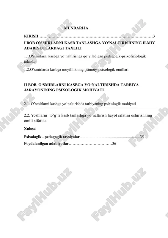 ohot talablari asosida yuksak darajaga ko’tarish ham davrimizning qat’iy talabi, jamiyatning ijtimoiy buyurtmasidir. i bob o’smirlarni kasb tanlashga yo’naltirishning ilmiy adabiyotlardagi taxlili 1.1 o‘smirlarni kasbga yo’naltirishga qo’yiladigan pedagogik-psixofiziologik talablar o’smirlarni o’rganilayotgan kasbga qiziqishini shakllantirish jarayonida ularning e`tiborliligini ifodalaydigan materiallarni tavsiflaydigan xolatlar kuzatiladi. shunningdek, kasbiga qiziqishini shakllantirishni ta`minlaydigan intellektual komponentning tarkibiy qismlarini aniqlashda quyidagilarga alohida e`tibor berish lozim : − analiz va sintez; − diqqat va kuzatuvchanlik; − ajratish va umumlashtirish; − klassifikatsiyalash va isbotlash. kasblarga qo’yiladigan psixofiziologik talablarni umumiy holatini izohlash uchun: 1. o’smirlarni tegishli kasbiy niyatlarini shakllantirish metodlarini ishlab chiqish; 2. kasbiy qobiliyatlar va kasbga layoqatni shakllantirish metodlarini ishlab chiqish. 3. turli kasblarning ijtimoiy mavqeini tenglashtirish metodlarini va yo’llarini ishlab chiqish. 4. mehnat resurslarini taqsimlash va ularning muhim joylashib qolishi jarayonini iqtisodiy va ma`naviy tartibga solib turish omillarini ishlab chiqish. 5. moddiy ishlab chiqarish va xizmat ko’rsatish sohalarining o’smirlarni uchun jozibali bo’lishini oshirish tadbirlari tizimini ishlab chiqish. 6. kasb …