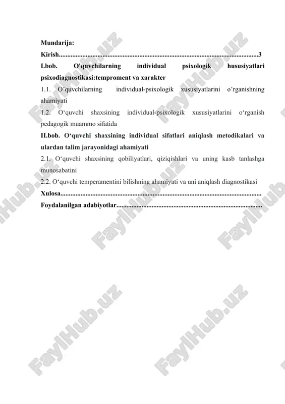 i ko‘proq o‘z aksini topgan. mamlakatimiz prezidenti i.a.karimov asariarida 0 ‘zbekiston respublikasi “ta’lim to‘g‘risida”gi qonunda, kadrlar tayyorlash milliy dasturida, milliy istiqlol g‘oyasi: asosiy tushuncha va tamoyillarida taibiyachilar, pedagoglar oldiga ulkan vazifalami yuklamoqda. ana shu vazifalami amaliyotda o‘z ifodasini toptirishda bolalar psixologiyasi va uni o‘qitish metodikasi fani muhim rol o‘ynaydi. 0 ‘quv qo‘llanma ikki qismdan iborat bo‘lib, birinchi qismida bolalar psixologiyasi fanining metodlari, vazifalari va uning boshqa fanlar bilan aloqasi, chaqoloqlik, go‘daklik, ilk bolalik va maktabgacha tarbiya yoshidagi bolalaming bilish jarayonlari, hissiy-irodaviy, motivatsion jihatlarining shakllanishi chuqur tahlil qilingan. qo‘llanmaning ikkinchi qismida bolalar psixologiyasi, umumiy psbcologiya, yosh va pedagogik psixologiya kabi fanlardan ma’ruza, seminar, laboratoriya mashg‘ulotlarini tashkil etish bo‘yicha qimmatli materiallar berilgan. “kadrlar tayyorlash milliy dasturi”da belgilanganidek, darslik va o‘quv qo‘llanmalaming yangi avlodini tayyorlash ishiga mualliflar tomonidan tayyorlangan o‘quv qo‘llanma munosib hissa qshadi, degan umiddamiz. i.bob. o'quvchilarning individual psixologik hususiyatlari psixodiagnostikasi:temproment va xarakter 1.1. o’quvchilarning individual-psixologik xususiyatlarini o’rganishning ahamiyati inson shaxsi taraqqiyotida …