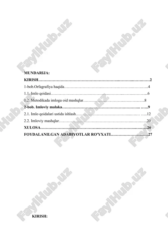 ishi . ushbu kurs ishi kirish qismi, 2 ta asosiy bob xulosa va foydalanadigan adabiyotlar tizimidan tashkil topgan. i.bob.orfagrafiya haqida orfografiya (yunoncha orthos - to‘g‘ri, grapho - yozaman) — bu tilning yozuv tizimi bo‘lib, so‘zlarni yozishda qo‘llaniladigan qoidalar va normalarni o‘z ichiga oladi. orfografiya, asosan, harflarni to‘g‘ri joylashtirish, so‘zlarning to‘g‘ri yozilishi, tinish belgilarini ishlatish, va boshqa yozuv usullarini o‘rganadi. orfografiya, tilda o‘qish va yozishning yagona, bir xil tizimga muvofiqligini ta'minlashda muhim rol o‘ynaydi. orfografiyaning maqsadi orfografiya tilni yozuvda tartibga solish, so‘zlarning to‘g‘ri yozilishini ta'minlash va yozishda umumiy qoidalar va normalarni ishlab chiqish maqsadida yaratiladi. u har bir tilga xos o‘ziga xos yozish qoidalari to‘plamini o‘z ichiga oladi. o‘quvchilarni orfografiya bilan tanishtirish, ularni to‘g‘ri va aniq yozishga o‘rgatadi, bu esa savodlilikni rivojlantirishga yordam beradi. orfografiya qoidalari 1. so‘zlarni to‘g‘ri yozish: orfografiya qoidalariga asosan, so‘zlarni to‘g‘ri yozish kerak. bu qoidalar tilning grammatik tuzilishi, fonetikasi, va etimologiyasiga asoslanadi. masalan, o‘zbek tilida "kitob" so‘zining …