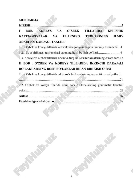 i fe’l, ot va sifatlarni boshqa so‘zlar bilan bog‘lashda muhim ahamiyatga ega. o‘zbek tilida kelishiklar yordamida so‘zlarning grammatik ma’nolari aniqlanadi va so‘zlar orasidagi sintaktik aloqalar quriladi. bu tilda kelishiklar orqali yo‘nalish, manzil, sabab, vosita kabi ma’nolar ifodalanadi. koreys tili esa, agglutinatsiya qiluvchi til bo‘lib, kelishik tizimi affikslar orqali amalga oshiriladi. koreys tilida kelishiklar so‘zning ma’nosini aniqlashda va so‘zlarning sintaktik pozitsiyasini belgilashda asosiy rol o‘ynaydi. bu tilda kelishiklar orqali ko‘plab ma’no qatlamlari, jumladan, o‘rni, yo‘nalish, sabab va maqsad kabi tushunchalar ifodalanadi. mazkur kurs ishida koreys va o‘zbek tillarida kelishik kategoriyalari va ularning turlari taqqoslanadi, har bir tilning kelishik tizimi chuqur o‘rganiladi va ularning o‘ziga xos xususiyatlari aniqlanadi. bu o‘rganish nafaqat tilshunoslikda, balki tarjimonlik, til o‘rganish, va madaniyatlararo muloqotda ham muhim ahamiyatga ega bo‘ladi. i bob. koreys va o’zbek tillarida kelishik kategoriyalar va ularning turlarining ilmiy adabiyotlardagi taxlili 1.1. o’zbek va koreys tillarida kelishik kategoriyasi haqida umumiy tushuncha tilshunoslikda qiyosiy tahlil yoki …