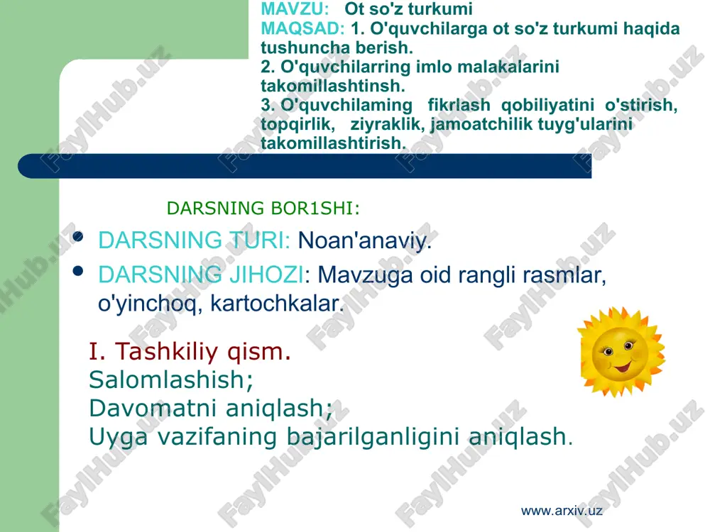 a so'roq berib, ularni guruhlarga ajratib yozish. shaxslar: kim? bola, o'quvchi, chegarachi, ishchi, shifokor. narsalar: nima? televizor, kitob, paita, eshik/ bu mashq doskada va mustaqil bajariladi. 191-mashq. og'zaki bajarilib, bunda so'zlar quyidagi guruhlarga ajratiladi: shaxslar: "kim?" cho'pon, bo'yoqchi, dehqon. osimlik: "nima?" paxta, bug'doy, sholi. hayvonlar: "nima?" sigir, qo'y, tulki. ish qurollari: "nima?" arra, randa, bolta. 1 -topshiriq. har bir guruhga alohida mavzu beriladi tabiat hodisalarini bildiruvchi otlar. ctquv qurollarini bildiruvchi otlar. shaxsni bildiruvchi otlar. kishilar kasbini bildiruvchi otlar. test javoblari tekshirilib, baholanadilar. 2-topshiriq. saylanma diktant "kuz". bolajonlar! men sizga hozir matnni o'qib beraman. siz ulardan faqat "kim?" yoki "nima?" so'roglga javob bo'lgan so'zlarni alohida qilib, ustun shaklida yozing. "olkamizga oltin kuz fasli keldi. daraxtlarning bargi oltin tusga kirdi. dehqonlar dalalarda ter to'kib, kartoshka, sabzi, sholg'om, yeryong'oq kabi hosillarni yig'ishtirib olmoqda. bog'larda olma, anor, uzum kabi mevalar g'arq pishgan. bog'bonlar hosildan mamnundirlar." jismoniy daqiqa: (o'quvchilar she'r mazmuniga mos harakatlar qilishadi) beshni …
