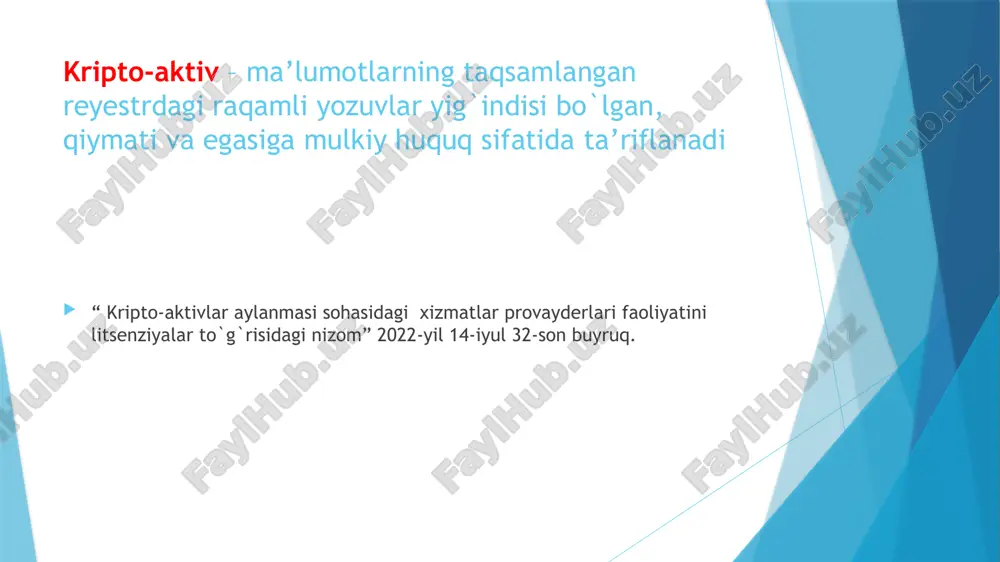 arini amalga oshirmaslik; yig`imlarni o`z vaqtida va to`liq amalga oshirish; xizmat provayderlarini ma’lum toifadagi shaxslar tomonidan boshqarishga yo`l qo`yilmaydi. litsenziya olish uchun taqdim etiladigan hujjatlar ariza rahbariyat va ta’sichi ma’lumotlari sudlanmaganlik haqida ma’lumotnoma ustav jamg’armasi soliq va yig`im masalalari: kripto-aktivlar aylanmasi bilan bog`liq operatsiyalar soliq solinadigan obyekt hisoblanmaydi; ulardan olingan daromadlar soliq solinadigan ba’zaga kiritilmaydi 2029-yil 1-yanvargacha! yig`imlar: mayning faoliyati uchun – bhm 10 barobari xizmat provayderlari bo`yicha: kripto-birja – bhm 740 barobar; mayning-pul –bhm 100 barobar; kripti-depozitariy – bhm 5 barobar; kripto-do`kon – bhm 185 barobar “kripto-aktivlari aylanmasi sohasidagi faoliyatni amalga oshirish uchun yig`imlar miqdorini belgilash, ularni to`lash va taqsimlash tartibi to`g`risidagi nizom”. 2022-yil 28-sentabr soliq qo`mitasi image1.jpg /docprops/thumbnail.jpeg