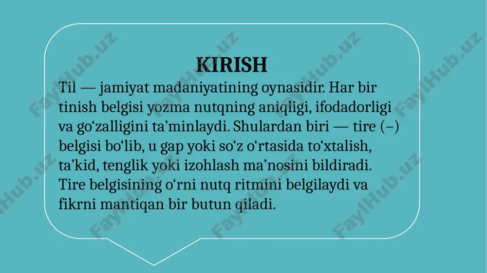 o‘lsa, ular orasiga tire qo‘yiladi. misollar: kitob – insonning eng yaqin do‘sti. oila – jamiyatning asosi. til – millatning yuragi. tire ba’zida emotsional ta’sir yoki ta’kidni kuchaytiradi. misollar: u – haqiqiy inson! men – bu yo‘ldan qaytmayman! bugun – yangi hayot boshlanishi! tire raqamlar, sanalar, masofalar o‘rtasida “dan–gacha” ma’nosini beradi. misollar: 2000–2025 yillar oralig‘ida. toshkent–samarqand yo‘li. 5–10 yoshli bolalar uchun mashg‘ulotlar. nutqni ifodalovchi dialoglarda har bir so‘zlovchining gapi oldidan tire qo‘yiladi. – salom, qanday yuribsiz? – rahmat, ishlar joyida. – bugun yig‘ilish bormi? qo‘shma gaplarda tire qo‘shma gapda bog‘lovchi so‘z tushib qolgan joylarda tire qo‘yiladi. quyosh chiqdi – dala ishga to‘ldi. u keldi – hamma quvondi. tire ishlatilmaydigan holatlar tire quyidagi holatlarda qo‘yilmaydi: ega va kesim orasida fe’l bo‘lsa: o‘qituvchi dars o‘tmoqda. izohlovchi so‘z bog‘lovchi bilan kelsa: toshkent, ya’ni o‘zbekiston poytaxti, chiroyli shahar. raqamlar o‘rtasida “–” o‘rniga chiziqcha ishlatilganda. ko‘p uchraydigan xatolar: tire o‘rnida chiziqcha (-) qo‘yish; bo‘shliq (probel) qoldirilmasligi …