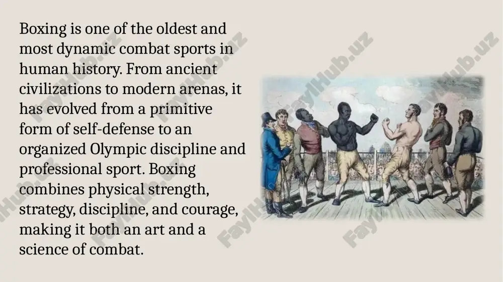 ed a 30-second count for fallen fighters. broughton’s system became the foundation for modern boxing ethics and safety. 7 8 a major turning point came in 1867 when the marquess of queensberry rules were established. these introduced: the use of padded gloves, three-minute rounds with one-minute rest periods, weight divisions, and the ten-count rule for knockdowns. these rules transformed boxing into a disciplined sport rather than a violent street fight. 9 by the late 19th and early 20th centuries, boxing had spread to america and other parts of the world. the united states quickly became the center of professional boxing, producing legendary champions such as john l. sullivan, jack johnson, and jack dempsey. boxing also became a symbol of racial, social, and cultural struggle. he mid-20th century is often called the golden age of boxing. fighters like joe louis, rocky marciano, sugar ray robinson, and muhammad ali brought unprecedented popularity …