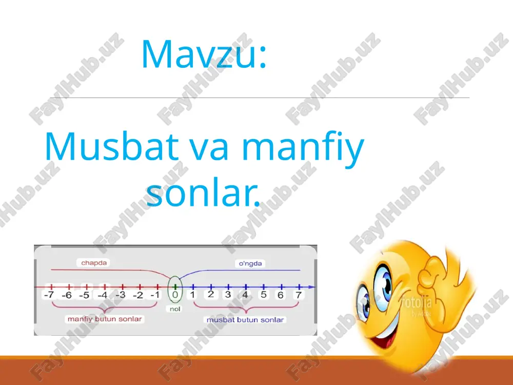 iy) o 1 a v a ,v va s nuqatalarning koordinatalarini toping ? 4 -3 s -5 5 soni –- - 5 soning moduli 3 soni – -3 soning moduli 4 – - 4soning moduli . ta’rif : sonning moduli deb , koordinata boshidan (birlik kesmada ) a(a) nuqtagacha bo’lgan masofa . mustaqil ish variant 1. koordinata t/chizig’ida belgilang a(-6), v(3), s(-2), d(5) e(-1). 1 birlik bir katak . 2. qarama –qarshi sonlarni toping : a) 0,25; b) – 4,9; c) – 2,6; d) 1/3. 3. ifodaning qiymatini toping a) – x = 5,2; b) – x = – 1,4 variant 2. koordinata t/chizig’ida belgilang a(-1,2), v(-0,8), s(2,2), d(1/2) va e(-2,5). 1 birlik ikki katak 2. qarama –qarshi sonlarni toping : a) – 3,18; b) 7; c) – 5; d) 1/23. 3. ifodaning qiymarini toping a) – z = 3,8; b) – z = – 2,1 berilgan sonlarning qarama qarshilarini …