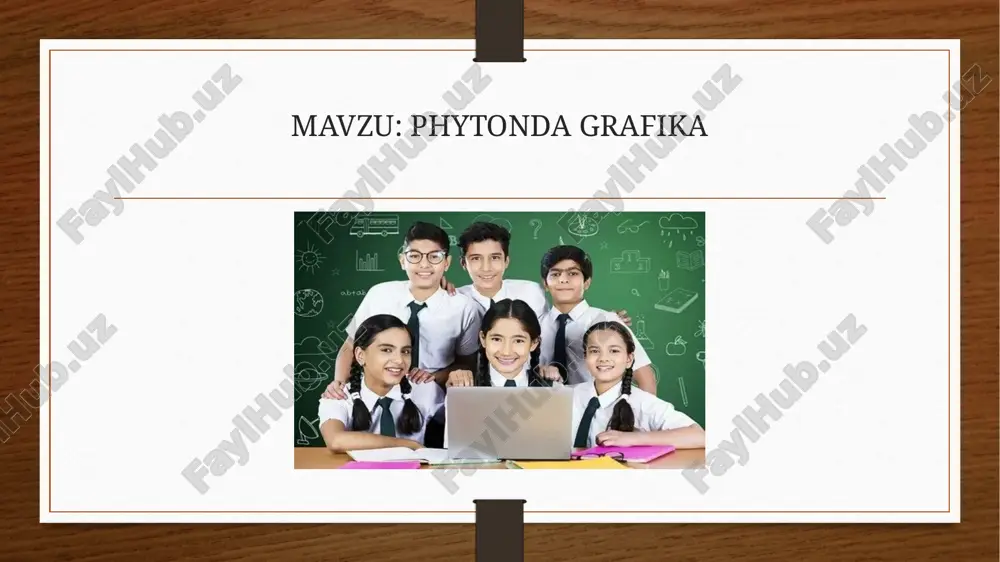 diydan murakkabgacha boʻlgan 2d oʻyinlar yaratish. turtle moduli — sodda grafika va animatsiyalar uchun bu modul bolalar va boshlovchilar uchun juda qulay. chiziqlar, doiralar, shakllar chizish mumkin. misol: import turtle t = turtle.turtle() t.color("blue") t.pensize(3) for i in range(4): t.forward(100) t.right(90) turtle.done() natija: ko’k rangli kvadrat chiziladi matplotlib — grafiklar (diagrammalar) chizish uchun ilmiy ma’lumotlar va statistika uchun eng mashhur kutubxona. misol: import matplotlib.pyplot as plt x = [1, 2, 3, 4, 5] y = [2, 4, 6, 8, 10] plt.plot(x, y, color='red', marker='o') plt.title("oddiy chiziqli grafik") plt.xlabel("x o‘qi") plt.ylabel("y o‘qi") plt.show() natija: chiziqli grafik chiqadi pygame — o‘yinlar va 2d animatsiyalar uchun bu modul yordamida o‘yinlar, interaktiv dasturlar va animatsiyalar yaratiladi. misol: import pygame pygame.init() ekran = pygame.display.set_mode((400, 300)) pygame.display.set_caption("salom, pygame!") running = true while running: for event in pygame.event.get(): if event.type == pygame.quit: running = false ekran.fill((0, 255, 0)) # yashil fon pygame.display.update() pygame.quit() natija: yashil rangdagi oynacha …