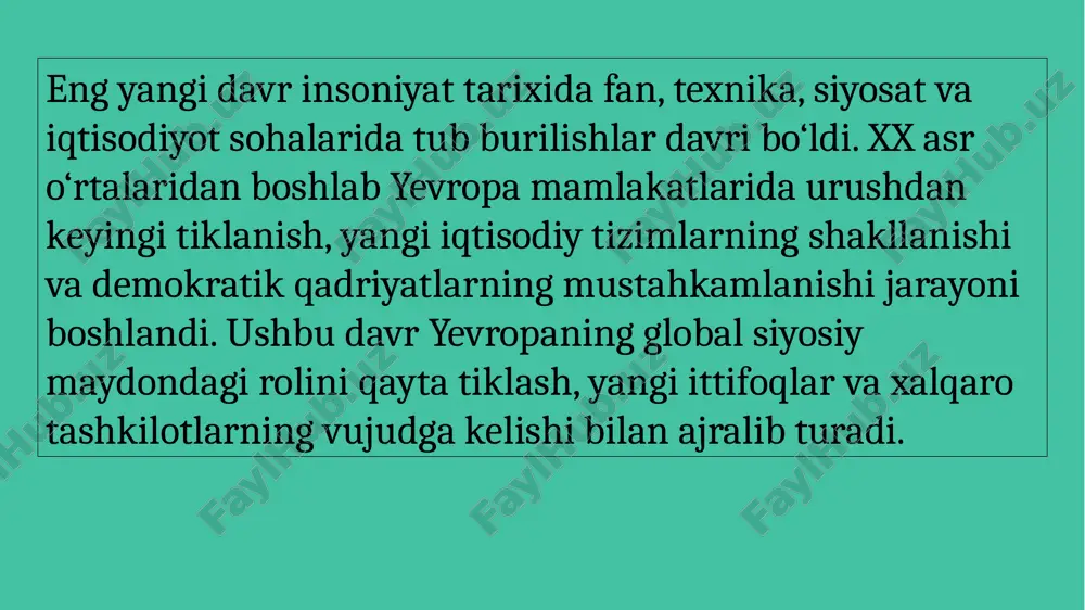 ih) asos solindi. bu esa keyinchalik **yevropa ittifoqi (yei)**ga aylanish yo‘lidagi birinchi bosqich edi. 6 1993-yilda maastricht shartnomasi asosida yevropa ittifoqi tashkil qilindi. uning maqsadi — iqtisodiy, siyosiy, huquqiy va madaniy integratsiyani kuchaytirish, yagona bozorni shakllantirish, umumiy valyuta — yeroni joriy etish edi. 7 yevropa ittifoqi tuzilmasiga: 8 yevropa parlamenti, yevropa kengashi, yevropa komissiyasi, yevropa sudi kabi muhim institutlar kiradi. 9 yevropada “ijtimoiy bozor iqtisodiyoti” modeli shakllandi. bu tizim iqtisodiy erkinlik va ijtimoiy adolat tamoyillarini birlashtiradi. skandinaviya mamlakatlari bu modelning eng muvaffaqiyatli namunasi sifatida tan olingan. ikkinchi jahon urushidan so‘ng germaniya “iqtisodiy mo‘jiza” (wirtschaftswunder) davrini boshdan kechirdi. sanoat ishlab chiqarish, eksport salohiyati, texnologik rivojlanish bo‘yicha germaniya yevropaning yetakchisiga aylandi. 10 fransiya o‘zining mustaqil tashqi siyosatini saqlab, atom quroliga ega davlatga aylandi. buyuk britaniya esa 1973-yilda yeiga a’zo bo‘ldi, biroq 2016-yilgi referendumda “brexit” qarori qabul qilinib, 2020-yilda ittifoqni tark etdi. 11 1980–1990-yillarda sotsialistik tizim inqirozga uchradi. 1989-yilda berlin devori qulab tushdi, …