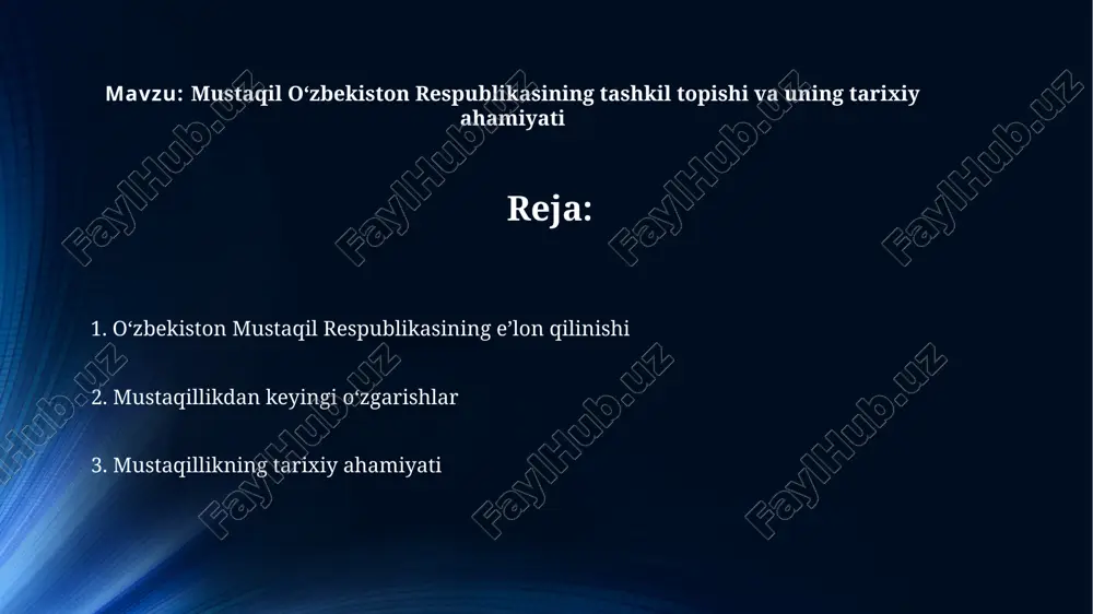 miyatdagi oʻrni va obroʻsini mustahkamlashda muhim rol oʻynadi. oʻzbekistonning aqsh bilan hamkorligi 2000-yillardan boshlab terrorizmga qarshi kurash, iqtisodiy islohotlar va mintaqaviy xavfsizlik sohalarida sezilarli darajada kuchaydi. madaniy va ijtimoiy oʻzgarishlar 1991 yildan keyin, qishloq joylarda aholi punktlariga elektr energiyasi va gaz ta’minoti kengaytirildi, bu esa 3 million dan ortiq odamning turmush sifatini yaxshilashga yordam berdi. mustaqillikdan keyingi 20 yil ichida, toshkentda 100 dan ortiq yangi maktab va 50 dan ziyod madaniyat saroyi qurildi, bu ta’lim va madaniyat sohasidagi sezilarli oʻsishni koʻrsatadi. sovet davri va milliy ozodlik harakati 1980-yillarning oxirida, toshkent va samarqand kabi yirik shaharlarda milliy ozodlik harakati faollashdi, 200 dan ortiq namoyishlar va norozilik aktsiyalari bo'lib o'tdi. sovet davrida, ayniqsa, 1920-30 yillarda, o'zbekistonning qishloq xo'jaligi kollektivlashtirildi, natijada millionlab dehqonlar yerlaridan mahrum bo'lishdi va ocharchilik yuz berdi. hozirgi davr muammolari va istiqbollari ta'lim tizimini isloh qilish va raqamli iqtisodiyotga oʻtish, toshkent shahridagi it-kompaniyalar sonining 2025-yilga kelib 30% ga oʻsishi bilan …