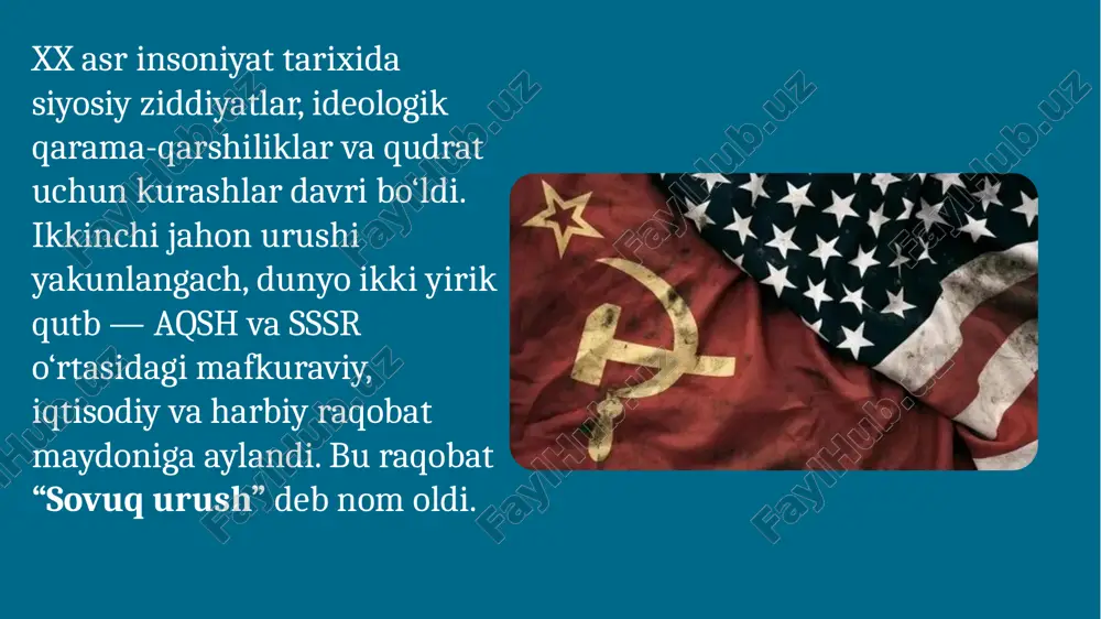 axborot urushi, radio va telepropaganda bu davrda kuchaydi. koreya yarim orolida aqsh (janubiy koreya tarafdori) va sssr (shimoliy koreya tarafdori) o‘rtasidagi bilvosita to‘qnashuv sodir bo‘ldi. urush natijasida koreya ikki davlatga ajralib qoldi. 10 sssr kubaga yadro raketalari joylashtirgach, aqsh dengiz blokadasini o‘rnatdi. dunyoda yadro urushi xavfi paydo bo‘ldi. ushbu inqirozdan so‘ng ikki tomon “issiq telefon aloqa liniyasi”ni o‘rnatdi. 11 aqshning vetnamdagi harbiy aralashuvi dunyo miqyosida norozilik tug‘dirdi. bu urush kapitalistik mafkuraning inqirozini ko‘rsatib berdi va “sovuq urush”dagi muhim voqea bo‘ldi. 12 13 kosmik raqobat 1957-yil sssr — birinchi sun’iy yo‘ldoshni uchirdi. 1961-yil — yuriy gagarin birinchi bo‘lib kosmosga chiqdi. 1969-yil — aqshning “apollon-11” dasturi oyga odam yubordi. kosmosda yutuqlar mafkuraviy ustunlik ramziga aylandi. sssr iqtisodiyoti harbiy sanoatga yo‘naltirildi, ammo fuqarolik sohalarida sustlik yuzaga keldi. aqsh esa texnologiya va iste’mol tovarlari ishlab chiqarishda yetakchi bo‘lib qoldi. 14 15 madaniy ta’sir va axborot urushi “gollivud” orqali g‘arb madaniyati dunyoga yoyildi. sssr esa …