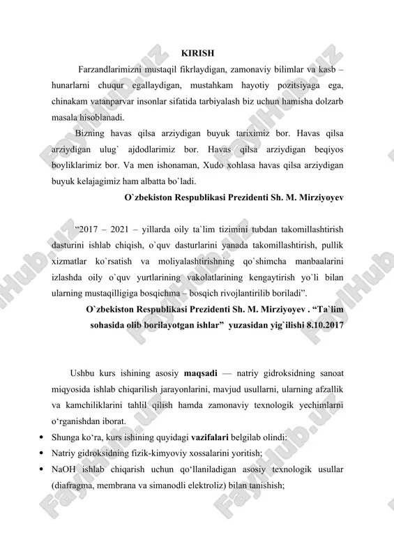 b boriladi”. o`zbekiston respublikasi prezidenti sh. m. mirziyoyev . “ta`lim sohasida olib borilayotgan ishlar” yuzasidan yig`ilishi 8.10.2017 ushbu kurs ishining asosiy maqsadi — natriy gidroksidning sanoat miqyosida ishlab chiqarilish jarayonlarini, mavjud usullarni, ularning afzallik va kamchiliklarini tahlil qilish hamda zamonaviy texnologik yechimlarni o‘rganishdan iborat. · shunga ko‘ra, kurs ishining quyidagi vazifalari belgilab olindi: · natriy gidroksidning fizik-kimyoviy xossalarini yoritish; · naoh ishlab chiqarish uchun qo‘llaniladigan asosiy texnologik usullar (diafragma, membrana va simanodli elektroliz) bilan tanishish; · ishlab chiqarish texnologiyasining ekologik va iqtisodiy jihatlarini tahlil qilish; · ishlab chiqarish jarayonlaridagi xavfsizlik texnikasi va atrof-muhitga ta’sirini baholash; · olingan nazariy bilimlarni amaliyot bilan bog‘lash orqali xulosalar va takliflar ishlab chiqish. · kurs ishining obyekti. natriy gidroksid moddasining sanoatda keng ko‘lamda ishlab chiqarilishi, texnologik jarayonlari va qo‘llanilish yo‘nalishlaridir. · kurs ishining predmeti. natriy gidroksid ishlab chiqarish texnologiyalari, ularning ishlash prinsiplari, samaradorligi, afzallik va kamchiliklari, shuningdek, ishlab chiqarish jarayonidagi texnika xavfsizligi va ekologik holatlardir. …