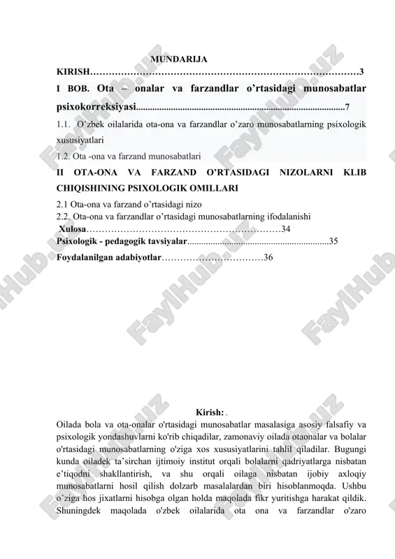 omligi bois millatimiz ma`naviyati yuksak pog’onalarga ko’tarildi. oila va oila ichidagi munosabatlar muammolari doimo dolzarb bo‘lib kelgan. oilaga bo‘lgan qiziqish uning shaxsning shakllanishi va rivojlanishi jarayonida, shuning uchun butun jamiyatning hozirgi va kelajakdagi roli bilan bog‘liq. barqarorlik va hatto ma’lum bir qattiqlikka ega bo‘lgan oila, shu bilan birga, oila ichidagi munosabatlar tizimidagi o‘zgarishlar orqali jamiyatdagi ijtimoiy-iqtisodiy va siyosiy o‘zgarishlarga juda sezgir. ijtimoiy rivojlanishning o‘tish davrida muammoli oilalar sonining ko‘payishi bu qaramlikni ko‘rsatadi. keyingi o‘n yilliklarda mamlakatimizda oila institutidabuzg‘unchilik tendensiyalari kuchaydi. ajralishlar, to‘liq bo‘lmagan oilalar, fuqarolik nikohlari soni muttasil oshib, o‘smirlar o‘rtasida ijtimoiy yetimlik, ichkilikbozlik va giyohvandlik, erta homiladorlik, shafqatsiz munosabat kabi hodisalar ko‘lami kengaymoqda. oila -bu inson hayotidagi birinchi ijtimoiy guruh bo‘lib, u tufayli u madaniyat qadriyatlari bilan tanishadi, shaxs sifatida rivojlanadi va o‘zining birinchi ijtimoiy rollarini o‘zlashtiradi. inson uchun oila, nasib etsa, umrining birinchi choragida pilladagidek yashaydigan va umrining oxirigacha barpo etishga harakat qiladigan muhitning asosiy va asosiy tarkibiy …