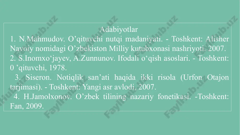 ladi. tibbiyotga doir adabiyotlarda nafas olishning quyidagi turlari alohida ajratib ko‘rsatilgan bo‘lib, ular bir-biridan farq qiladi. 6 1. kiftdan nafas olish. nafas ko‘krakning yuqori qismida olinib, kiftlar ko‘tariladi. bunday nafas olish zararli. u kishini tez charchatadi. m e’yorda so‘zlashga imkon bermaydi. 2. ko‘krak-qorin orqali nafas olish. bunday nafas olganda o‘rta qovurg‘alar, biqin harakatga keladi, ya’ni ular kengayadi. 3. aralash nafas olish, ya’ni pastki qovurg‘alar, diafiragma ishtirokida nafas olish. bunda ko‘krak qafasi va kiftlar ko‘tarilmaydi. so‘zlaganda ravon, hovliqmasdan tabiiy nafas olish, uni kerakli ohang talabiga ko‘ra sarflash zarur. s.inomxo‘jayev, a.zunnunovlar tomonidan yaratilgan “ifodali o‘qish asoslari” o‘quv qo‘llanmasida nafas faoliyatini yaxshilash uchun quyidagi besh xil nafas mashqi tavsiya qilinadi: 7 kontrol mashq. bu nafasning diafragmal-aralash usulda to‘g ’ri olinishini nazorat qilish maqsadida o‘tkaziladigan mashqdir. uni o‘tkazishda tik va erkin turib, ikki qo‘l bilan ikki (oxirgi) qovurg‘ani bosib, ohista, chuqur nafas olinadi va yana asta-sekin nafas chiqariladi. bunda ko‘krak qafasi va yelka ko‘tarilmaydi. …