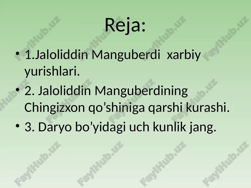 obiliyatini mustahkamlashga ulkan hissa qo‘shgan qo‘mondonlik tarkibiga kiruvchi harbiy xizmatchilar ushbu yuksak mukofot bilan taqdirlanmoqdalar. ulug‘ sarkardaga ehtirom ramzi sifatida ta’sis etilgan mazkur ordenga eng so‘nggi bo‘lib o‘zbekiston respublikasi milliy xavfsizlik xizmatining davlat idoralarini himoya qilish qo‘mitasi chegara katerlari alohida bazasi sazovor bo‘ldi. o‘zbekiston prezidentining bu haqdagi farmoni joriy yilning 10 yanvarida e’lon qilindi. tarix bamisoli mayoq deyiladi hikmatlarda. darhaqiqat, o‘tmishda o‘tgan buyuk siymolarning hayoti avlodlar uchun saboq va ibrat hisoblanadi. quyida e’lon qilinayotgan lavhada ham buyuk sarkardaning beqiyos jasorat va mardligi, ona vatanga cheksiz muhabbati tasvirlanadi dunyo tarixidagi eng nomdor sarkardalar qatorida turuvchi jaloliddin manguberdi kabi jasur inson haqida biron so‘z aytish, kattami-kichikmi ilmiy yoki adabiy asar yozish o‘ta mushkul. negaki, har qancha go‘zal va betakror bo‘lmasin, ulug‘ sarkarda sha’niga aytilayotgan so‘zlar uning shavkati oldida kamdek tuyulaveradi. jalolidin manguberdining harbiy va siyosiy faoliyati murakkab va o‘ta ziddiyatlidir. jaloliddin manguberdi yurt boshiga og‘ir kulfatlar solgan mo‘g‘ullar bosqiniga qarshi mardonavor kurash …
