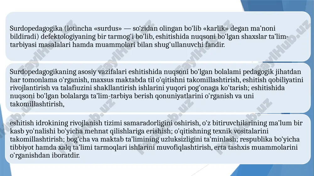 otda faqat so'zli nutqdan foydalanish tavsiya etadi. surdopedagogika umumiy pedagogikaning tamoyillari, metodlari, ta’lim berish va tarbiyalash vositalaridan keng foydalanadi. bu metodlardan eshitishida nuqsoni bo‘lgan bolalarning tarbiyasi, o‘qishi va rivojlanishida qo‘llaniladi. hozirgi vaqtda kar va zaif eshituvchilaming ta’limda to‘g‘ri talaffuz qilish, o‘qitishning yanada rivojlanishida surdo texnikaviy asboblardan keng ko‘lamli foydalanishni talab qilyapti. shundan dalolat beradiki, surdopedagogika surdotexnika fani bilan ham uzviy bog‘liqdir. surdopedagogikaning metodlari eshitishida nuqsoni bo‘lgan bolalarni o‘rganish, ulami o‘qitish jarayonini nisbatan yuqori pog‘onaga ko‘tarish, shuningdek, ushbu toifa shaxslaming kelgusi hayotda o‘z o‘rinlarini topishlariga xizmat qiiadi. buning uchun qator metod va yo'llardan foydalaniladi. ilmiy adabiyotlarni o‘rganish. surdopedagogikaning muammolaridan biri maxsus zamonaviy adabiyotlar darslik, metodik to‘plamlar; ilmiy jumallardagi maqolalar; ilmiy adabiyotlar pedagogika, psixologiya, surdopsixologiya va defektologiyaning boshqa tarmoqlari; maxsus adabiyot defektologiya lug‘ati, pedagogika ensiklopediyasi; mashhur surdopedagoglar faoliyati; surdopedagogik muassasalaming ishlari ma’ruzalar, hisobotlami o‘rganish va rivojlantirishdir. surdopedagoglaming adabiyotlar bilan ishlashi eshitishida nuqsoni bo‘lgan bolalami o'qitish, tarbiyalash, rivojlanish davrlarini o'rganishga imkon yaratadi. pedagogik …