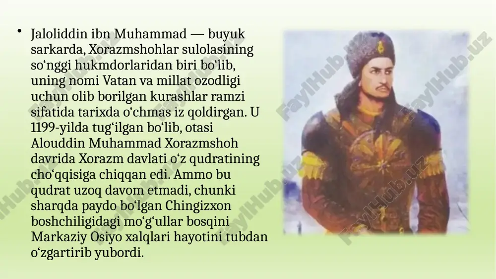 latining so‘nggi hukmdori, mohir sarkarda. anushteginiylardan. xorazmshohlardan muhammadning katta o‘g‘li. onasi – oychechak turkman kanizaklaridan bo‘lgan. jaloliddin burnida holi (mank) bo‘lgani uchun mankburni nomi bilan atalgan. keyinchalik bu nom talaffuzda o‘zgarib “manguberdi” nomi bilan mashhur bo‘lib ketgan. jaloliddin voyaga yetgach, otasi uni g‘azna, bomiyon, g‘ur, bust, takinobod, zamindovar va hindiston hududlarigacha bo‘lgan yerlarda hokim va taxt vorisi etib tayinlangan. biroq turkon xotun va qipchoq amirlarining qat`iy noroziligi sababli qutbiddin o‘zloqshoh foydasiga vorislikdan mahrum etilgan. jaloliddin otasining harbiy yurishlarida ishtirok etib, o‘zining jasur jangchi, iqtidorli sarkardalik qobiliyatlarini namoyish etgan chingizxon boshchiligidagi mo‘g‘ul qo‘shinlari movarounnahrga bostirib kirib birin-ketin shaharlarni egallab, samarqandga yaqinlashganlarida xorazmshoh muhammad kaspiy dengizi bo‘yida joylashgan obeskun shahri yaqinidagi ashur ada orolidan panoh topgan. og‘ir bemor bo‘lgan muhammad o‘g‘illarini yoniga chorlab, so‘nggi damda jaloliddinni o‘z o‘rniga xorazmshoh etib tayinlagan. jaloliddin manguberdi ukalari oqshoh va qutbiddin o‘zloqshohlar bilan birga urganch mudofaasiga oshiqadi. lekin urganchdagi qipchoq amirlari turkon xotunning akasi xumorteginni sulton …