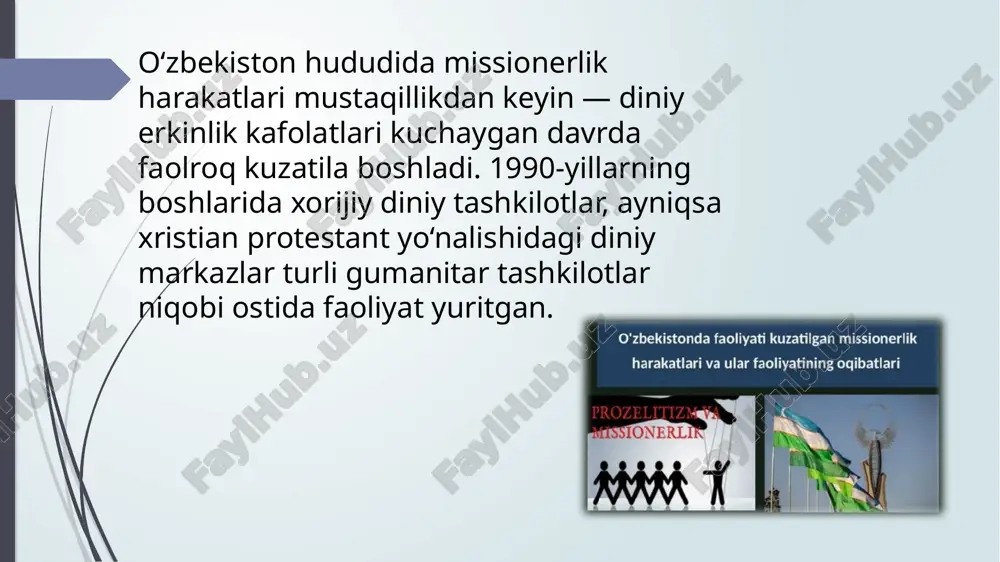 ofilaktika ham muhim o‘rin tutadi. buning uchun: oila, maktab va mahalla tizimida diniy-ma’naviy tarbiyani kuchaytirish; yoshlar orasida milliy g‘urur va mustaqil fikrni shakllantirish; diniy bilimni ishonchli manbalardan olish madaniyatini rivojlantirish lozim. missionerlik mazmun-mohiyati. missionerlik so‘zi asli lotincha bo‘lib, «yuborish», «vazifa topshirish» degan ma’nolarni anglatadi. missionerlik bilan yonma-yon ishlatiladigan prozelitizm esa, to‘g‘ridan-to‘g‘ri biron bir dinga ishongan fuqaroni o‘z dinidan voz kechishga va o‘zga dinni qabul qilishga qaratilgan harakatlarni anglatadi. u o‘z mohiyatiga ko‘ra missionerlikning tarkibiy qismi hisoblanadi. ma’lumotlarga ko‘ra, dunyodagi umumiy missionerlarning 2/3 qismini xristian missionerlari tashkil etadi. dastlabki xalqaro xristian missiyalari, 1910 yilda shotlandiyaning edinburg shahrida paydo bo‘lgan edi. bugungi kunda yuzlab shunday maqomga ega missiyalar faoliyat ko‘rsatmoqda. ularni yanada rivojlantirish, etarli moddiy, ma’naviy va inson resurslari bilan ta’minlash juda yaxshi yo‘lga qo‘yilgan. odatda, xalqaro missiyani tashkillashtirishda ma’lum bir konfessiyaning barcha shaxobchalari qatnashadi. masalan, tashkilotning nashriyoti uni tegishli adabiyotlar bilan ta’minlasa, tadqiqot markazi muayyan mamlakat aholisi, uning hayot tarzi, urf-odatlari, …