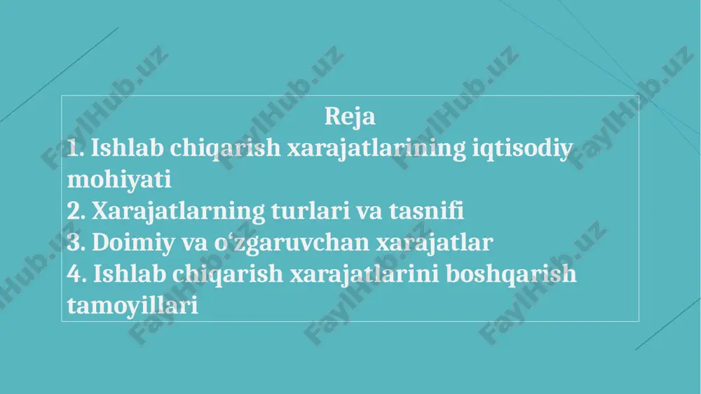 ur tahlil qilish foyda va tannarx o‘rtasidagi bog‘liqlikni aniqlaydi. asosiy tahlil usullari: - gorizontal tahlil: vaqt bo‘yicha o‘zgarishni aniqlaydi. - vertikal tahlil: xarajatlarning umumiy summadagi ulushini ko‘rsatadi. - ko‘rsatkichlar tahlili: mahsulot birligiga to‘g‘ri keladigan xarajatlarni hisoblaydi. xarajatlarni kamaytirish yo’llari xarajatlarni kamaytirish korxona samaradorligini oshiradi. asosiy yo‘llar: - resurslardan tejab foydalanish; - ishlab chiqarish texnologiyasini modernizatsiya qilish; - ishlab chiqarish jarayonini avtomatlashtirish; - mehnat unumdorligini oshirish. 8 har bir resurs — bu ishlab chiqarishning asosi. ularni oqilona taqsimlash orqali ortiqcha sarflar kamayadi. samaradorlikni oshirish uchun: - zaxiralarni optimallashtirish; - chiqindisiz texnologiyalarni qo‘llash; - qayta ishlash tizimini joriy etish. 9 10 innovatsion texnologiyalar ishlab chiqarish jarayonini tezlashtiradi va xarajatlarni kamaytiradi. misollar: - avtomatlashtirilgan ishlab chiqarish liniyalari; - energiya tejovchi uskunalar; - raqamli boshqaruv tizimlari (erp, crm). mehnat unumdorligini oshirish mehnat unumdorligi oshgan sari bir birlik mahsulotga to‘g‘ri keladigan xarajat kamayadi. buning uchun: - ishchilar malakasini oshirish; - rag‘batlantirish tizimini takomillashtirish; - ish …