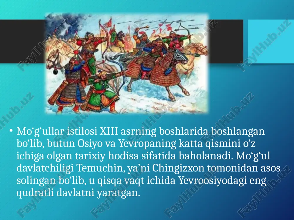 rgan. bu qonunlar harbiy intizomni saqlash, adolatni ta’minlash va davlat boshqaruvida tartibni o‘rnatishga xizmat qilgan. mo‘g‘ullar istilosi natijasida dunyo xaritasi sezilarli darajada o‘zgardi. ularning yurishlari hindiston, xitoy, markaziy osiyo, eronga qadar cho‘zilgan. yevropada ham ularning nomidan qo‘rquv hukm surgan. mo‘g‘ullar tomonidan yaratilgan buyuk imperiya savdo yo‘llarining xavfsizligini ta’minlab, buyuk ipak yo‘lining tiklanishiga turtki berdi. bu esa iqtisodiy va madaniy almashinuvni jonlantirdi. ko‘plab tarixchilar mo‘g‘ullar istilosini nafaqat vayronagarchilik, balki ma’lum darajada taraqqiyot omili sifatida ham baholaydilar. chunki u xalqlar o‘rtasidagi aloqalarni kengaytirgan. mo‘g‘ul istilosi jarayonida fan, san’at va hunarmandchilik sohalari ham o‘ziga xos ta’sirni boshdan kechirdi. ko‘plab olimlar va ustalar yangi hududlarga ko‘chib, o‘z bilimlarini yoydilar. mo‘g‘ullar istilosining eng muhim oqibatlaridan biri — turli xalqlarning bir-biriga aralashuvi, yangi siyosiy va madaniy tuzilmalarning shakllanishi bo‘ldi. mo‘g‘ullar davlatining parchalanishidan so‘ng, uning hududlarida mustaqil xonliklar, sultonliklar paydo bo‘ldi. bular keyinchalik mintaqaviy madaniyatlarning rivojlanishiga asos yaratdi. xulosa xulosa qilib aytganda, mo‘g‘ullar istilosi insoniyat tarixida chuqur …