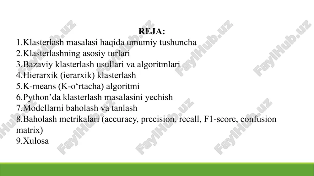 terlar daraxtsimon (hierarxik) tuzilma asosida shakllanadi. – har bir obyekt dastlab alohida klasterda bo‘ladi, so‘ng ularning o‘xshashligi bo‘yicha birlashtiriladi. – natija dendrogramma (daraxtsimon grafik) ko‘rinishida ifodalanadi. nohierarxik (masalan, k-means) – oldindan klasterlar soni (k) belgilanadi. – ma’lumotlar ushbu klaster markazlariga yaqinligiga qarab taqsimlanadi. qoidaviy (density-based) – ma’lumotlar zichligi asosida guruhlanadi. – masalan: dbscan algoritmi. model asosidagi klasterlash – har bir klasterni statistik model (masalan, gaussian mixture) sifatida tasvirlaydi. algoritm nomi asosiy g‘oya afzalliklari kamchiliklari k-means ma’lumotlarni k ta markazga qarab guruhlash tez va samarali oldindan k ni tanlash kerak hierarxik klasterlash obyektlar o‘xshashligi asosida daraxtsimon klasterlar hosil qiladi vizual natija katta ma’lumotlarda sekin dbscan zichlik asosida klasterlash har xil shakldagi klasterlarni aniqlaydi parametrlar tanlash qiyin mean-shift zichlik markazlarini topish orqali klasterlash klaster soni oldindan kerak emas hisoblash og‘ir hierarxik (ierarxik) klasterlash hierarxik klasterlash ikki xil yo‘l bilan amalga oshiriladi: agglomerative (pastdan yuqoriga) – har bir obyekt avval alohida klaster hisoblanadi. …