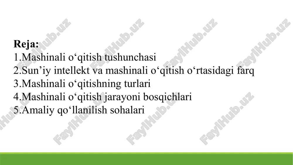 inali o'qitish - bu kompyuterlarni aniq dasturlashtirilmagan holda ishlashga oid fan". - stenford “mashinada o'qitish qoidalarga asoslangan dasturlashga tayanmasdan ma'lumotlardan o'rganish mumkin bo'lgan algoritmlarga asoslangan” - mckinsey & co. machine learning savolga javob berishga harakat qilib, tajriba orqali avtomatik ravishda takomillashadigan kompyuter tizimlarini qanday qurishimiz mumkin va barcha o'quv jarayonlarini boshqaradigan asosiy qonunlar qanday? - karnegi mellon universiteti ai - bu harakat va tabiatni sun'iy intellekt bilan takrorlash orqali mashinaga odamlar kabi harakat qilish imkonini beradigan texnikadir. mashinani o'rganish - bu ai texnikasining kichik to'plami bo'lib, u mashinani tajriba bilan yaxshilash uchun statistik usullardan foydalanadi. chuqur o'rganish - bu sun'iy neyron tarmog'i kontseptsiyasiga olib keladigan neyron deb ataladigan miya hujayralarimizning funksionalligidan ilhomlangan mashinani o'rganishning o'ziga xos turi ko’p qonun - qoidalar va shartlar yozish talab qiladigan muammolar. klassik usul bilan yechim topib bo’lmaydigan kompleks muammolar. doimiy o’zgaruvchan muammolar. katta o’lchamdagi ma’lumotlarda yashirin mazmun va ma’nolarni topishga oid muammolar. machine learning …