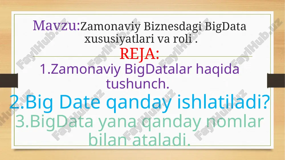 sensor ma'lumotlarini zilzilalar qayerda sodir bo'lishini bashorat qilish uchun tahlil qilish mumkin va odamlarning xatti-harakatlari tashkilotlarga omon qolganlarga yordam berish uchun maslahatlar beradi. big dates texnologiyasi butun dunyo bo'ylab urush zonalaridan qochqinlar oqimini kuzatish va himoya qilish uchun ham qo'llaniladi.jinoyatchilikning oldini olish. politsiya kuchlari resurslardan yaxshiroq foydalanish va kerak bo'lganda rag'batlantirish choralarini ko'rish uchun o'zlarining razvedka va ochiq manba ma'lumotlarini o'z ichiga olgan ma'lumotlarga asoslangan strategiyalarni tobora ko'proq qabul qilmoqdalar big data(katta ma'lumotlar) - juda katta hajmdagi bir jinsli bo'lmagan va tez tushadigan raqamli ma'lumotlar bo'lib, ularni odatiy usullar bilan qayta ishlab bo'lmaydi. ba'zi hollarda, katta ma'lumotlar tushunchasi bilan birga shu ma'lumotlarni qayta ishlash ham tushuniladi. asosan, analiz obyekti katta ma'lumotlar deb ataladi.big data atamasi 2008-yilda dunyoga kelgan. nature jurnali muharriri klifford linch dunyo ma'lumotlar hajmining juda tez sur'atda o'sishiga bag'ishlangan maxsus sonida big data atamasini qo'llagan. biroq, katta ma'lumotlar avval ham bo'lgan.mutaxassislarning fikricha, kuniga 100 gb dan ko'p ma'lumot …