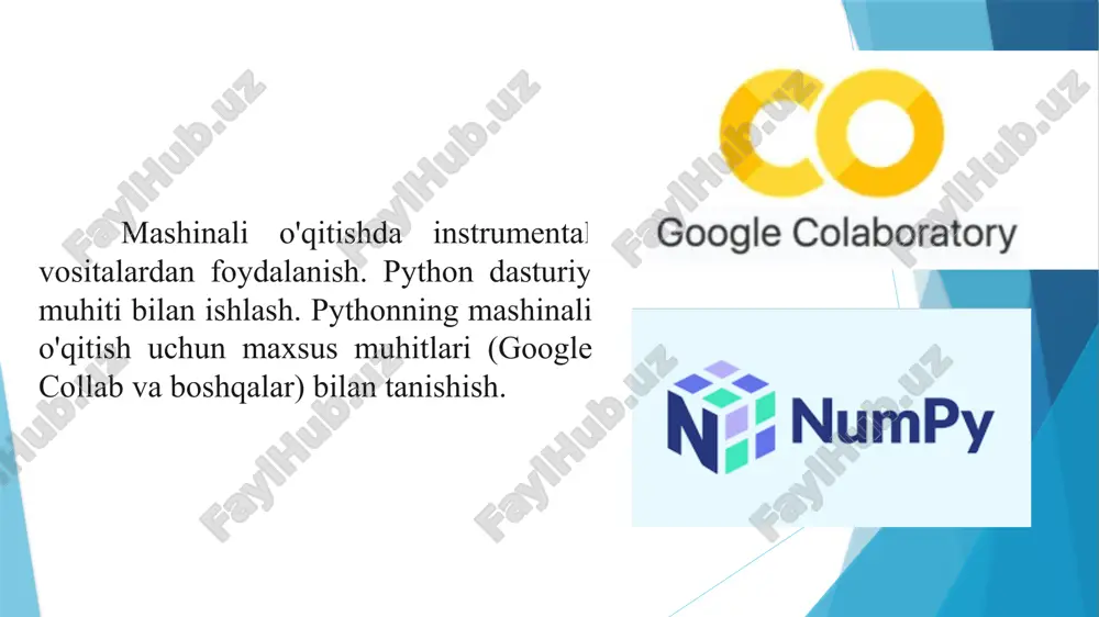 ha 10 ta tasodifiy sonlardan iborat massiv yarating. np.random.randint(1, 100, 10) 2 shu massivning o‘rtacha, maksimum va minimum qiymatini toping. np.mean(), np.max(), np.min() 3 3×3 matritsa yarating va uning determinanti va transpozitsiyasini toping. np.linalg.det() 4 0 dan 2π gacha 100 ta qiymat uchun sinus grafik chizing. np.linspace(), np.sin() 5 2 ta massiv yarating va ularning elementma-element ko‘paytmasini hisoblang. a * b talabalar uchun amaliy topshiriqlar import numpy as np massiv= np.random.randint(1,100,10) print("tasodifiy sonlardan iborat massiv: ") print(massiv) import numpy as np massiv= np.random.randint(1,100,10) print("tasodifiy sonlardan iborat massiv: ") print(massiv) ortacha=np.mean(massiv) print(ortacha) maksimum=np.max(massiv) print(maksimum) minimum= np.min(massiv) print(minimum) import numpy as np matritsa = np.random.randint(1, 10, (3, 3)) print("asl matritsa:") print(matritsa) transpozitsiya = np.transpose(matritsa) print("\nmatritsaning transpozitsiyasi:") print(transpozitsiya) import numpy as np import matplotlib.pyplot as plt x = np.linspace(0, 2 * np.pi, 100) y = np.sin(x) plt.plot(x, y, label='sin(x)', color='blue') plt.title("sinus funksiyasi grafigi") plt.xlabel("x qiymatlar (0 dan 2π gacha)") plt.ylabel("sin(x) qiymatlar") plt.grid(true) plt.legend() …