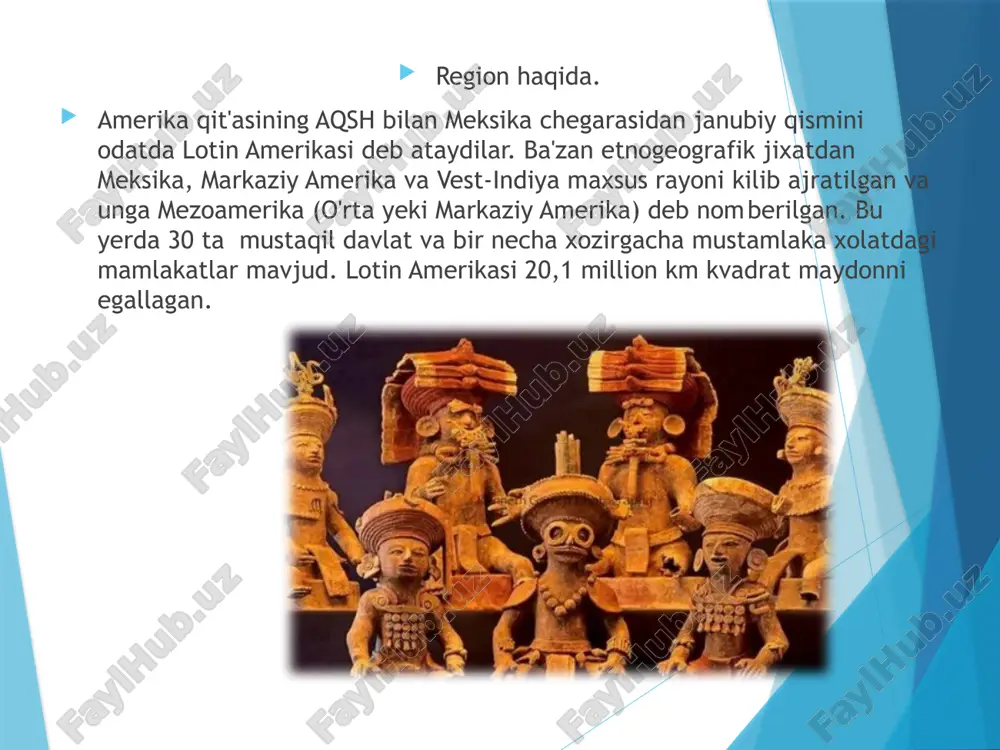 i birinchi bo'lib jaxonga birinchi bo'lib kartoshka, pomidor, makka, anioka, paxta; kungabaqar, kakao va boshqa muxim ekinlarni ekib tanilgan. ular dastlab kauchuk shirasidan foydalanish, kurare zaxarini ishlab chiqarish va medisinada foydalanishni o'rgatganlar. tamakini kashf qilib jaxonga yoyganlar. xaykalcha va marosim suratlari. asteklarning kelishi. 14 asr boshlarida shimoliy - g'arbiy rayonlardan bostirib kirgan qabilalar, qadimiy madaniyat markazlarini egallab, o'z tillarini saqlab qolganlar. asteklar qudratli davlat birikmasiga asos solgan va eski madaniy an'analarni davom qildirganlar. ular kuchli qo'shinga ega bo'lgan va qisqa muddat ichida qo'shni qabilalarni bo'ysundirib, soliq to'lashga majbur qilgan. qudratli asteklar davlatining poytaxti tenochtitlan katta ko'lning o'rtasidagi orolda qurilgan va o'zining go'zalligi, ulug'vorligi va xashamatliligi bilan ispan istilochilarini xayratda qoldirgan. poytaxtni ko'l soxili bilan uchta 10 metr kenglikdagi damba bog'lab turib, ikkita maxsus tarnov orqali suv o'tkazilgan. ko'l atrofida asosiy ekin dalalari joylashgan, qishloqlar xam dalalar bilan o'ralgan. davlat boshqaruvi. ular mustamlaka arafasida sinfiy jamiyatga o'ta boshlagan. butun hokimiyat va …