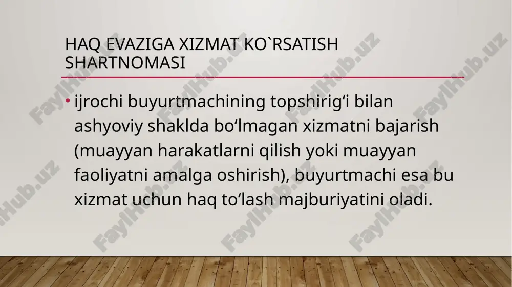 oma bekor qilinadigan bo`lsa, u xizmatlarning belgilangan bahosini batamom to‘lashi shart. ijrochi tomonidan shartnoma bekor qilinadigan bo`lsa, u shartnoma bekor qilinishi tufayli buyurtmachiga yetkazilgan zararning hammasini to‘lash sharti bilangina haq evaziga xizmat ko‘rsatish shartnomasini bekor qilishni talab qilishga haqlidir. haq evaziga xizmat ko`rsatish shartnomasining muddati hamda to`lovi ushbu shartnomada taraflarning kelishuviga binoan xizmat haqqi belgilanadi. shartnomada taraflar muddatlarni kelishib olishadi va oqilona muddatlarda faoliyat amalga oshiriladi. image1.jpg /docprops/thumbnail.jpeg