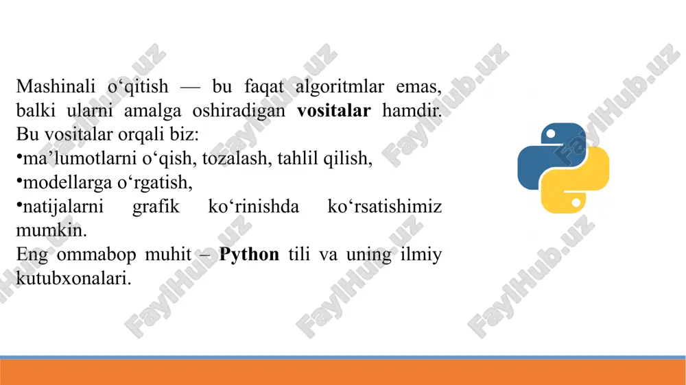 ng) kutubxonasi. sun’iy neyron tarmoqlar, tasvir, nutq va matn bilan ishlash uchun keng qo‘llaniladi. gpu yordamida tez hisoblash imkoniyati mavjud. afzalliklari: katta ma’lumotlar bilan ishlaydi. tensor asosida parallel hisoblash. pytorch facebook (meta) tomonidan yaratilgan chuqur o‘rganish uchun kutubxona. tadqiqotchilar uchun mos, dinamik tarmoqlar yaratish oson. tensorflow’ga qaraganda o‘qish va tajriba qilish qulayroq. afzalliklari: gpu bilan tez ishlaydi. interaktiv ishlash uchun mos (jupyter bilan yaxshi integratsiya). kutubxona tavsif afzalligi matplotlib asosiy 2d grafik chizish vositasi har xil grafiklarni chizish mumkin pandas plotting pandas bilan integratsiyalashgan grafik moduli jadvaldagi ma’lumotlardan tez grafik olish plotly interaktiv, chiroyli grafiklar dinamik vizualizatsiya, web-interfeyslar uchun mos python’da grafik tasvirlash (vizualizatsiya) vositalari 🎨 grafik tasvirlashning ahamiyati vizualizatsiya — ma’lumotni ko‘rish orqali tahlil qilish imkonini beradi. bu jarayon: ma’lumotdagi trend, anomal, yoki taqsimotni aniqlashga yordam beradi; modelni tanlash va natijani tushunishni osonlashtiradi. matplotlib — bu python’dagi asosiy va eng qadimgi grafik chizish kutubxonasidir. u yordamida: chiziqli grafiklar, nuqtaviy …